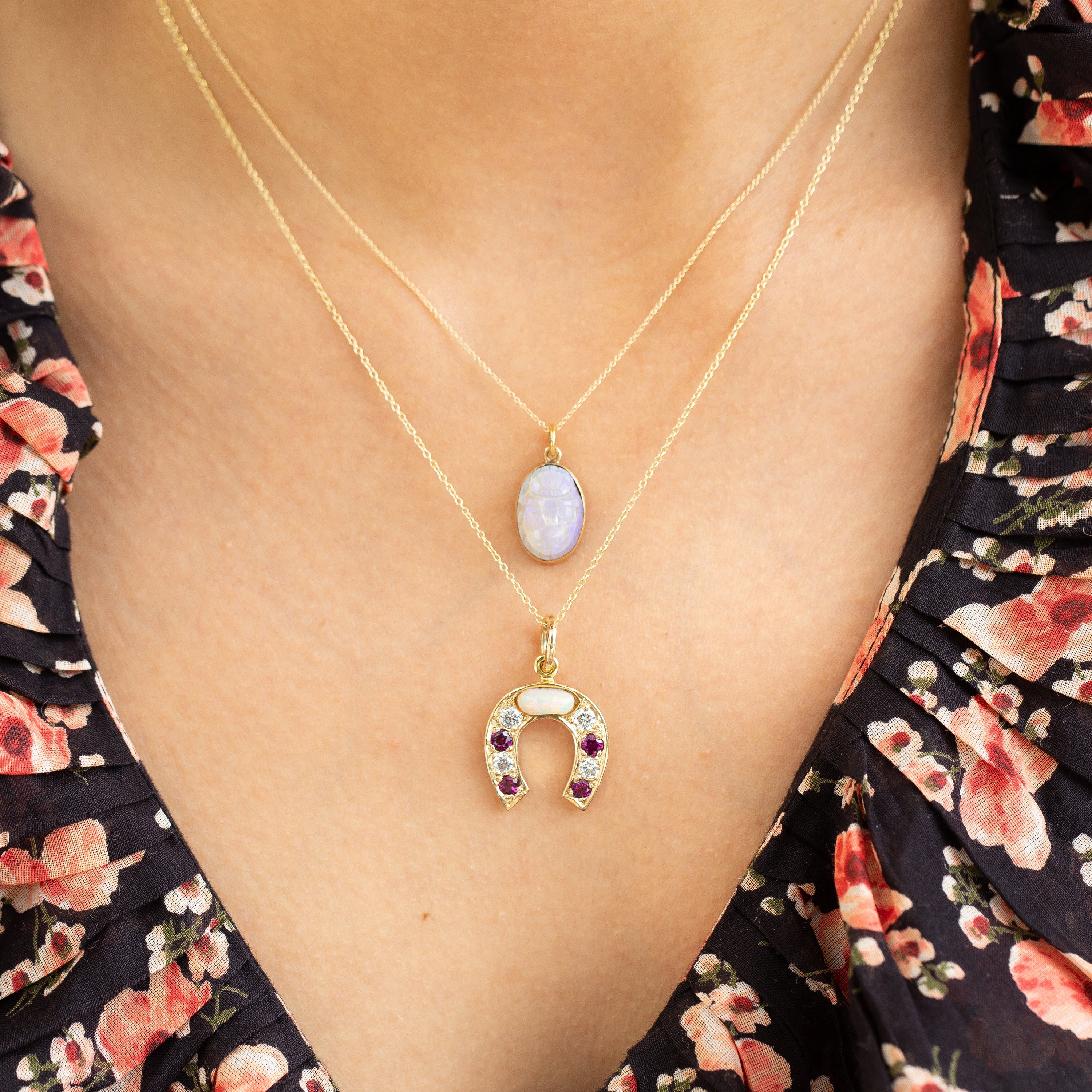 Opal, Diamond, Ruby Horseshoe and 14k Gold Necklace