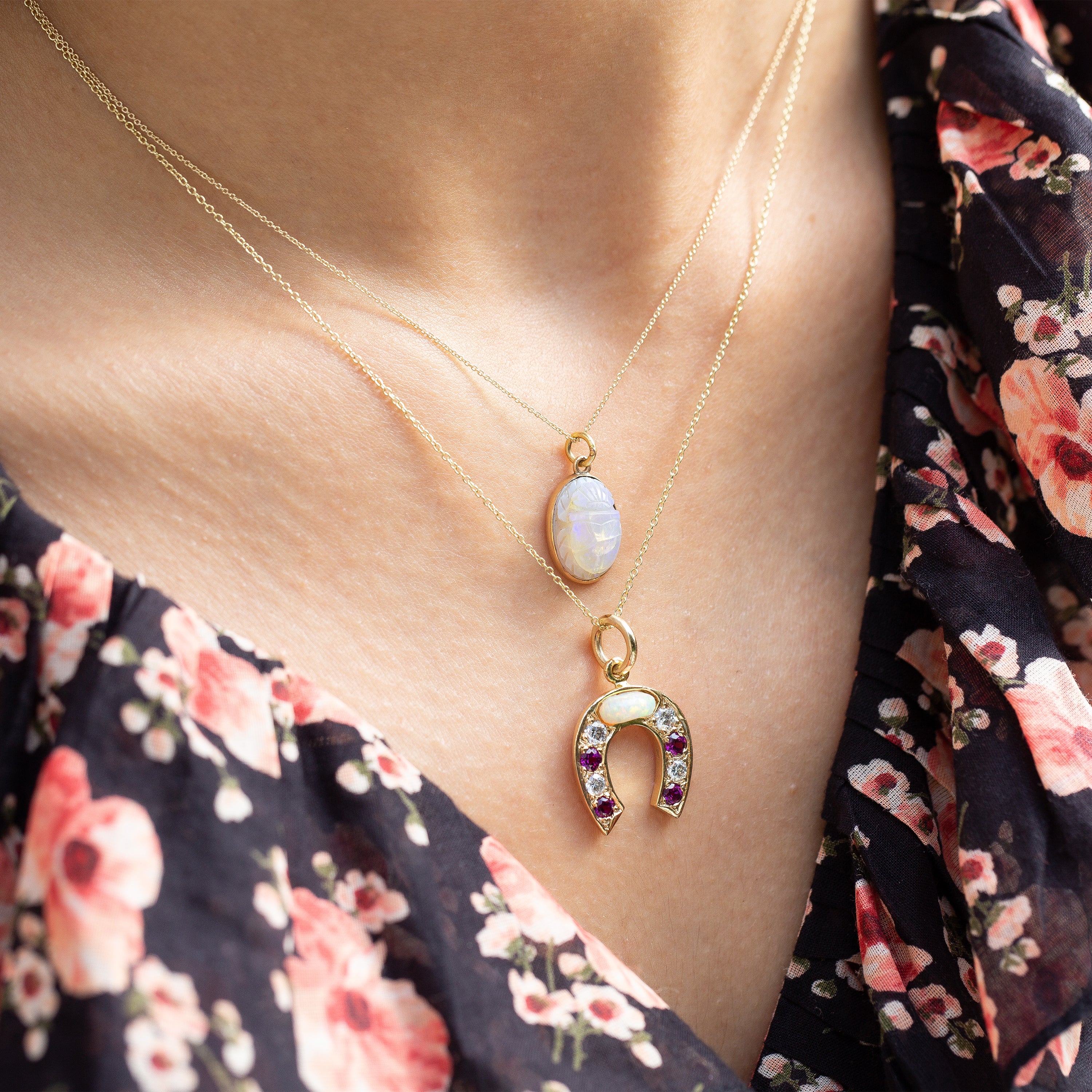 Opal, Diamond, Ruby Horseshoe and 14k Gold Necklace
