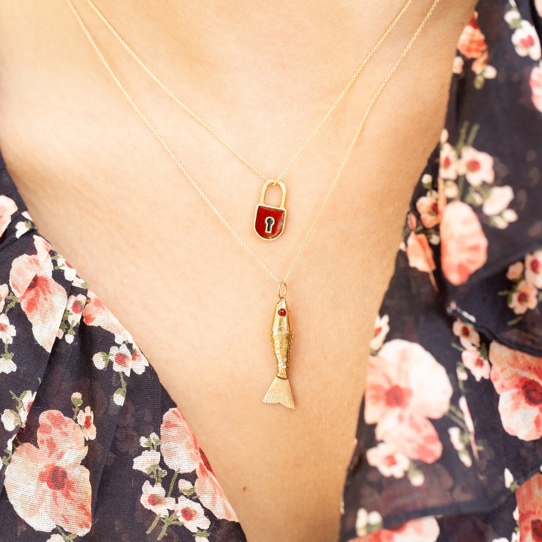 Red Enamel and 14k Yellow Gold Lock Charm