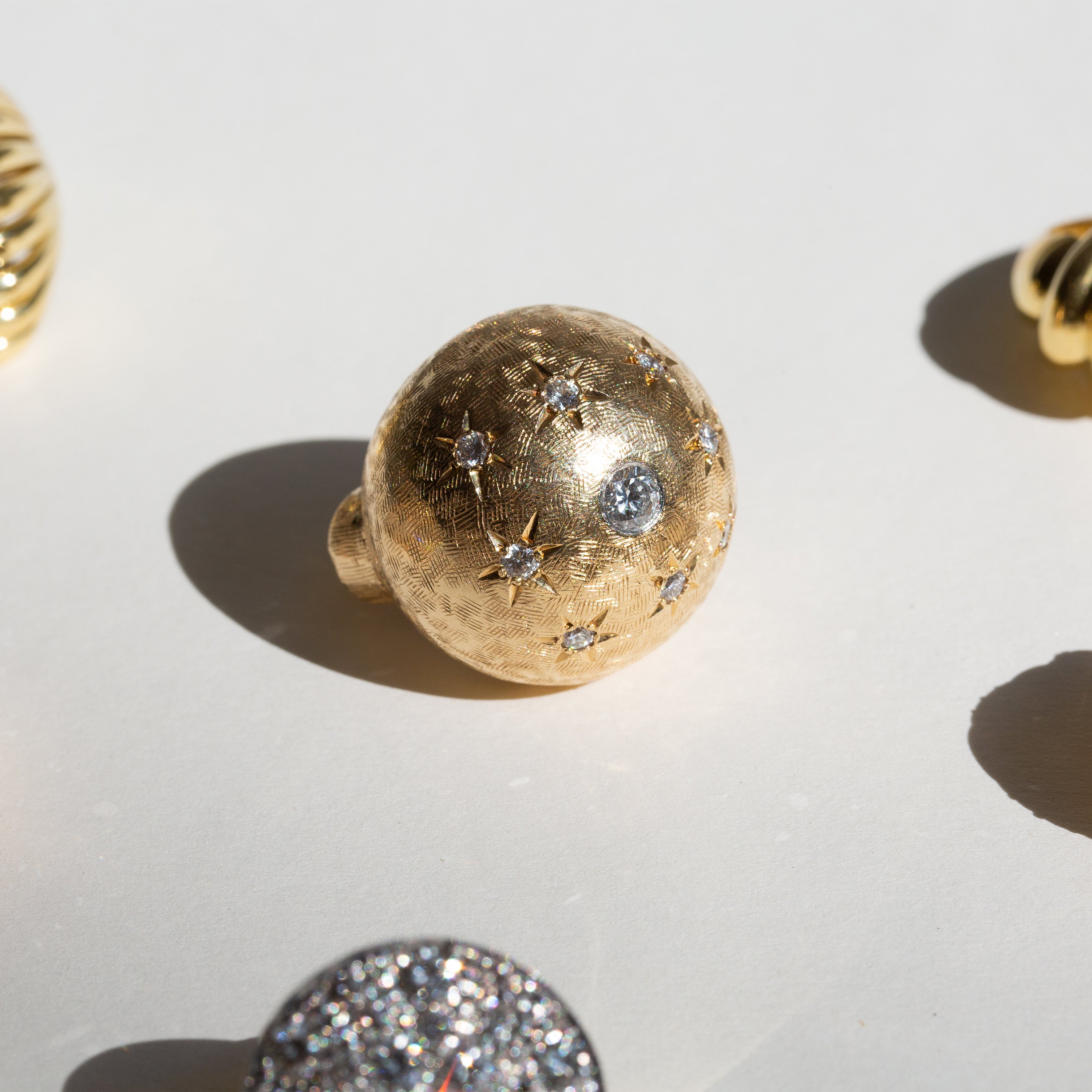 Retro Large Bombe Diamond Starburst and 14k Gold Ring