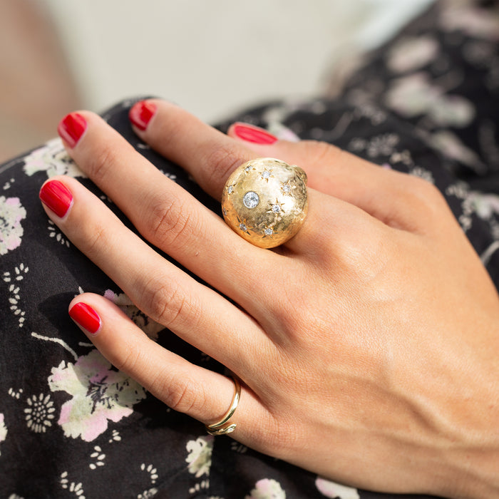 Retro Large Bombe Diamond Starburst and 14k Gold Ring