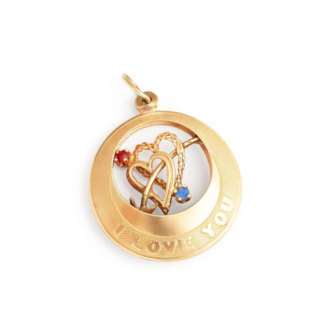 "I Love You" Sapphire, Ruby, and 14k Yellow Gold Charm