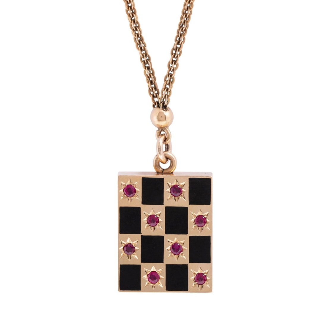 Victorian Ruby, Enamel, and 14k Gold Checkerboard Locket