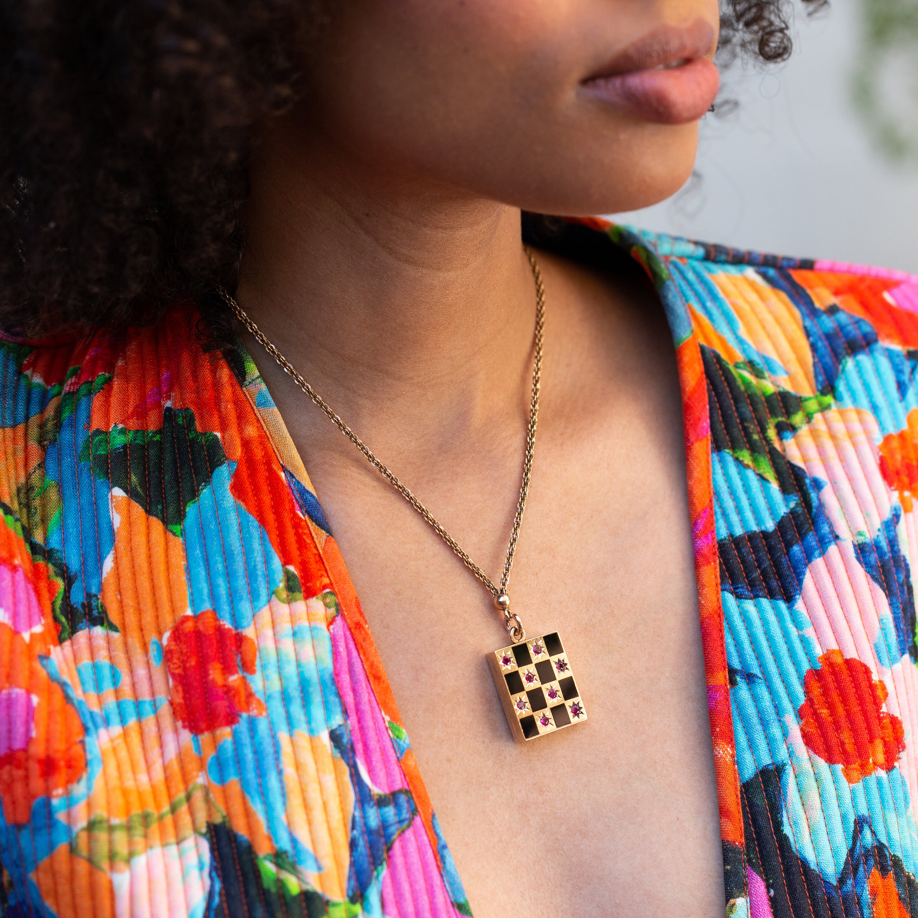 Victorian Ruby, Enamel, and 14k Gold Checkerboard Locket