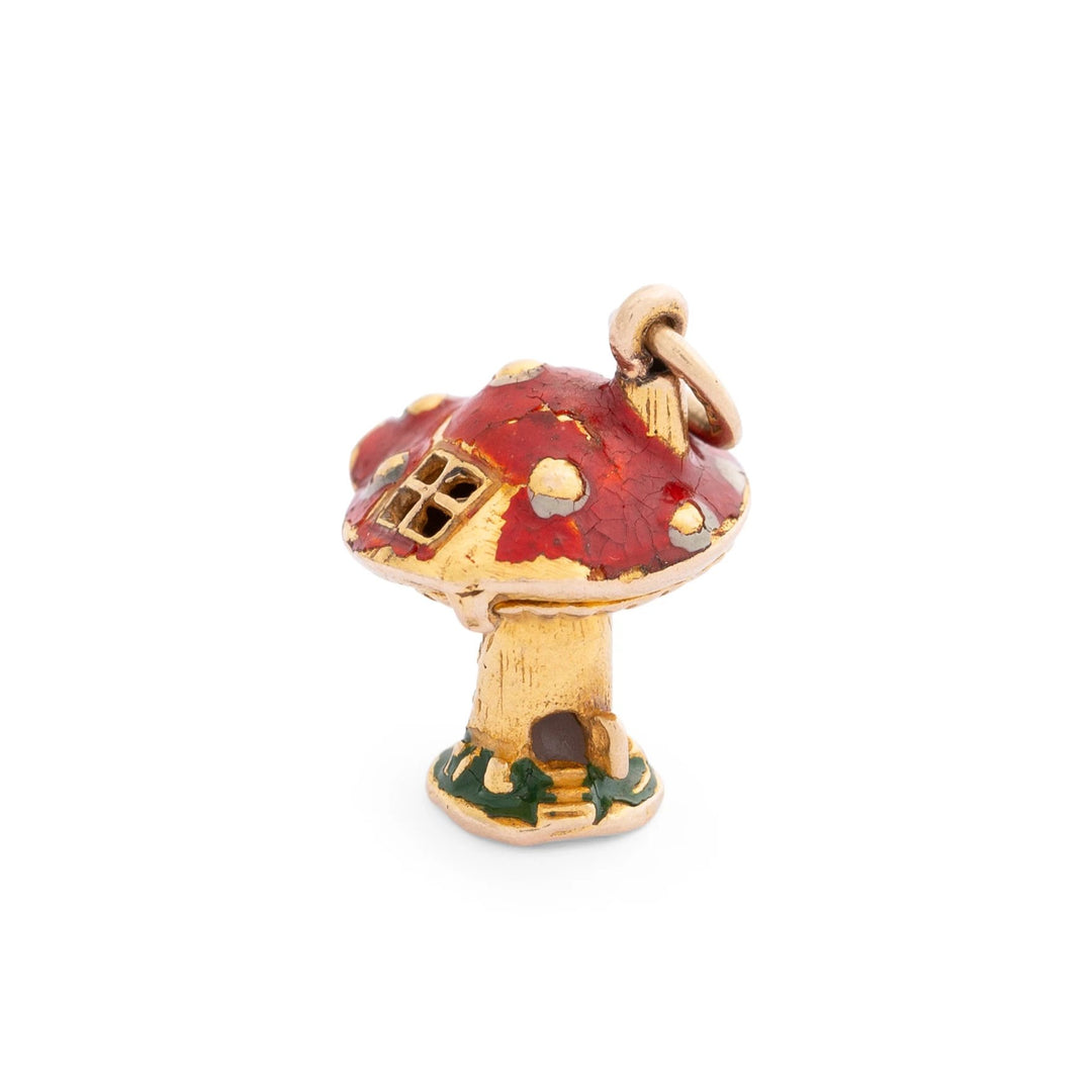 Movable Mushroom House and Gnome 14K Gold and Enamel Charm
