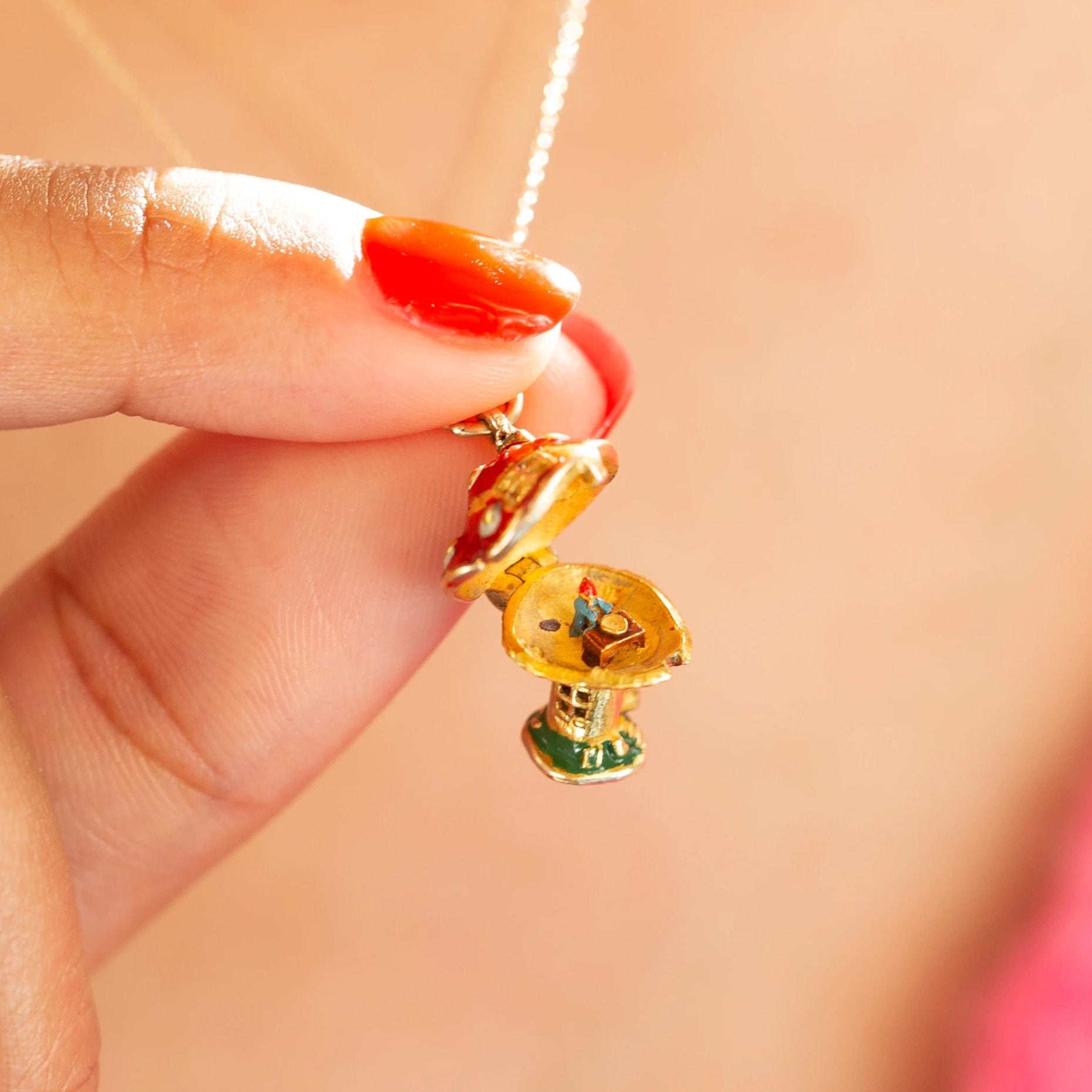 Movable Mushroom House and Gnome 14K Gold and Enamel Charm