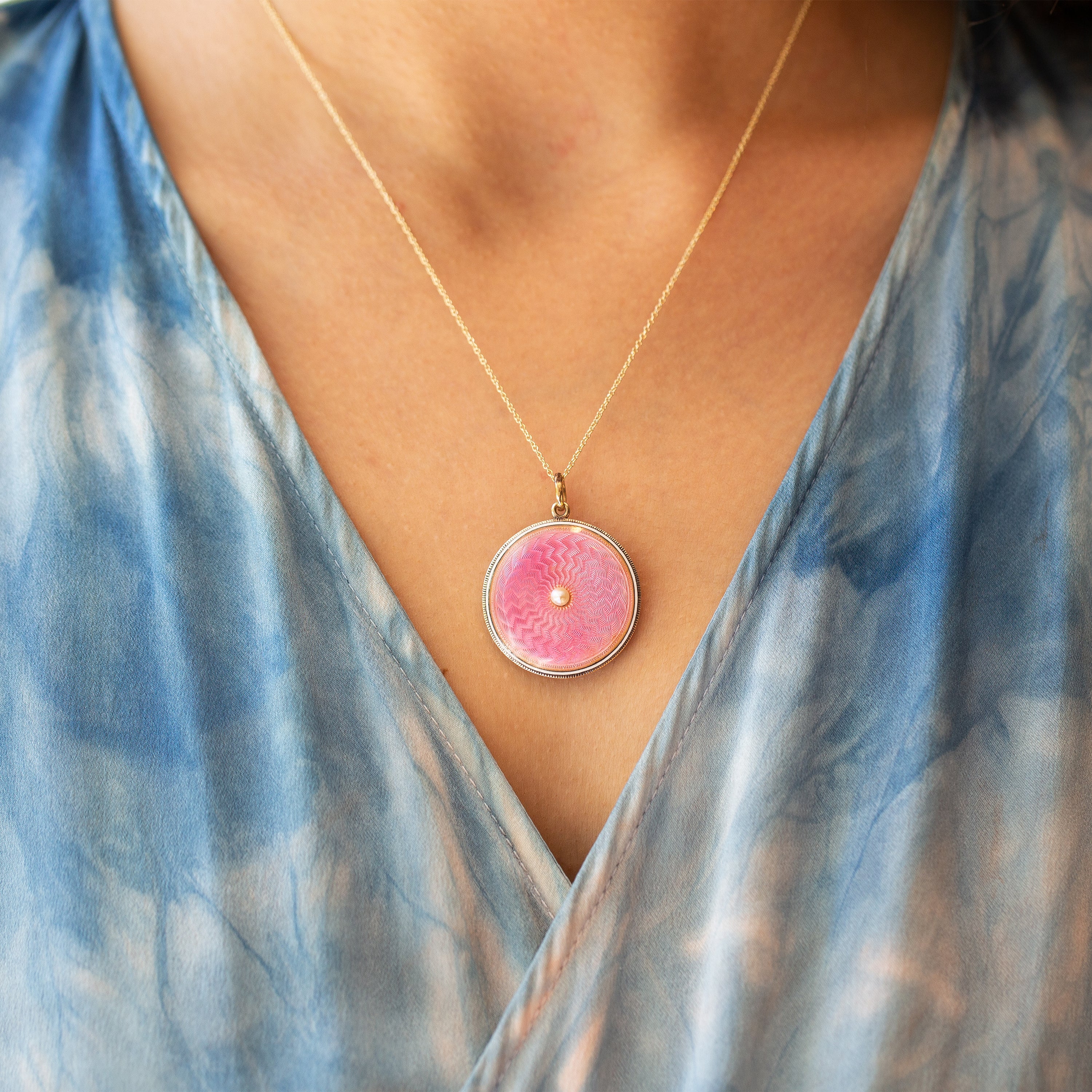 Victorian Pink Guilloche, Pearl, And 14K Gold Locket