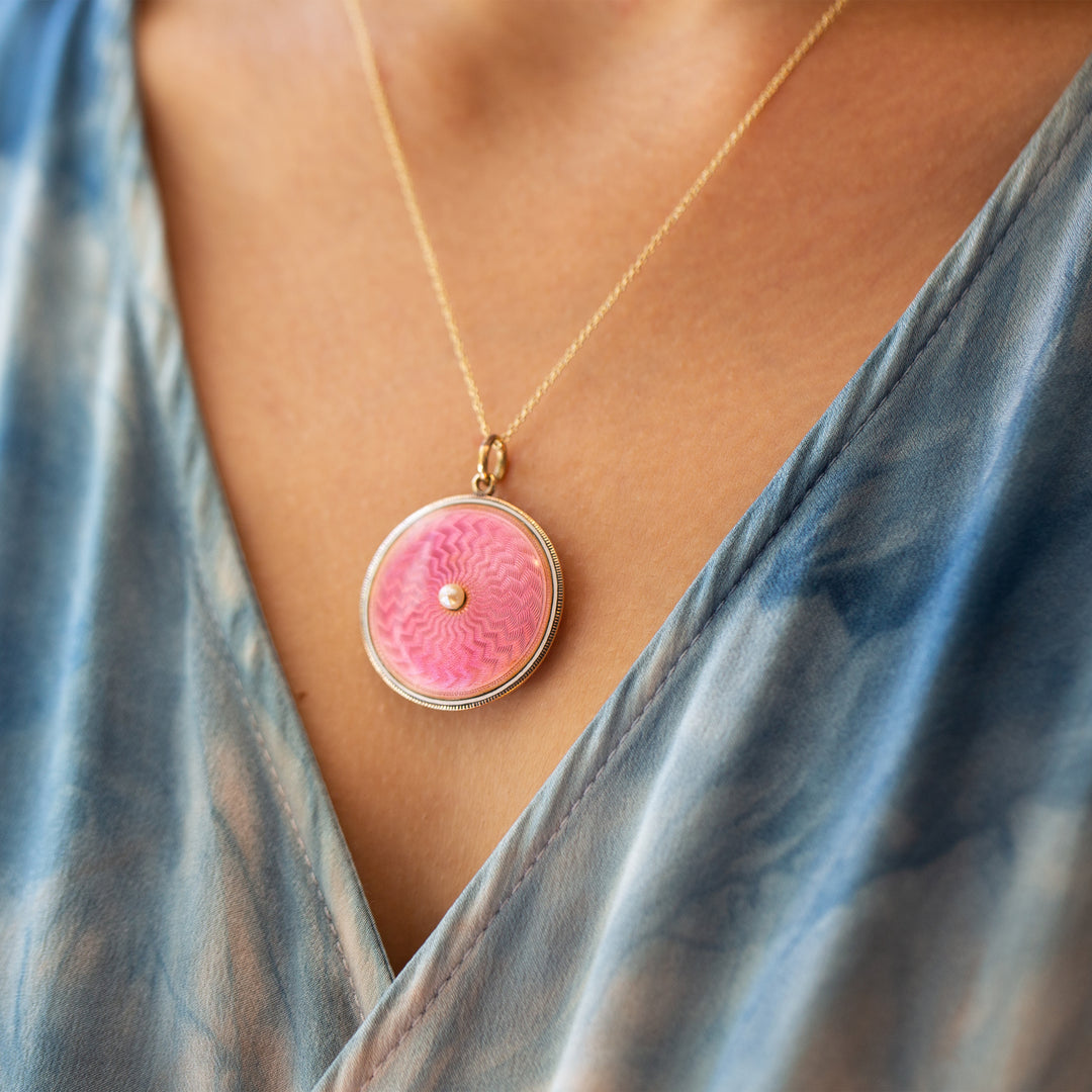 Victorian Pink Guilloche, Pearl, And 14K Gold Locket