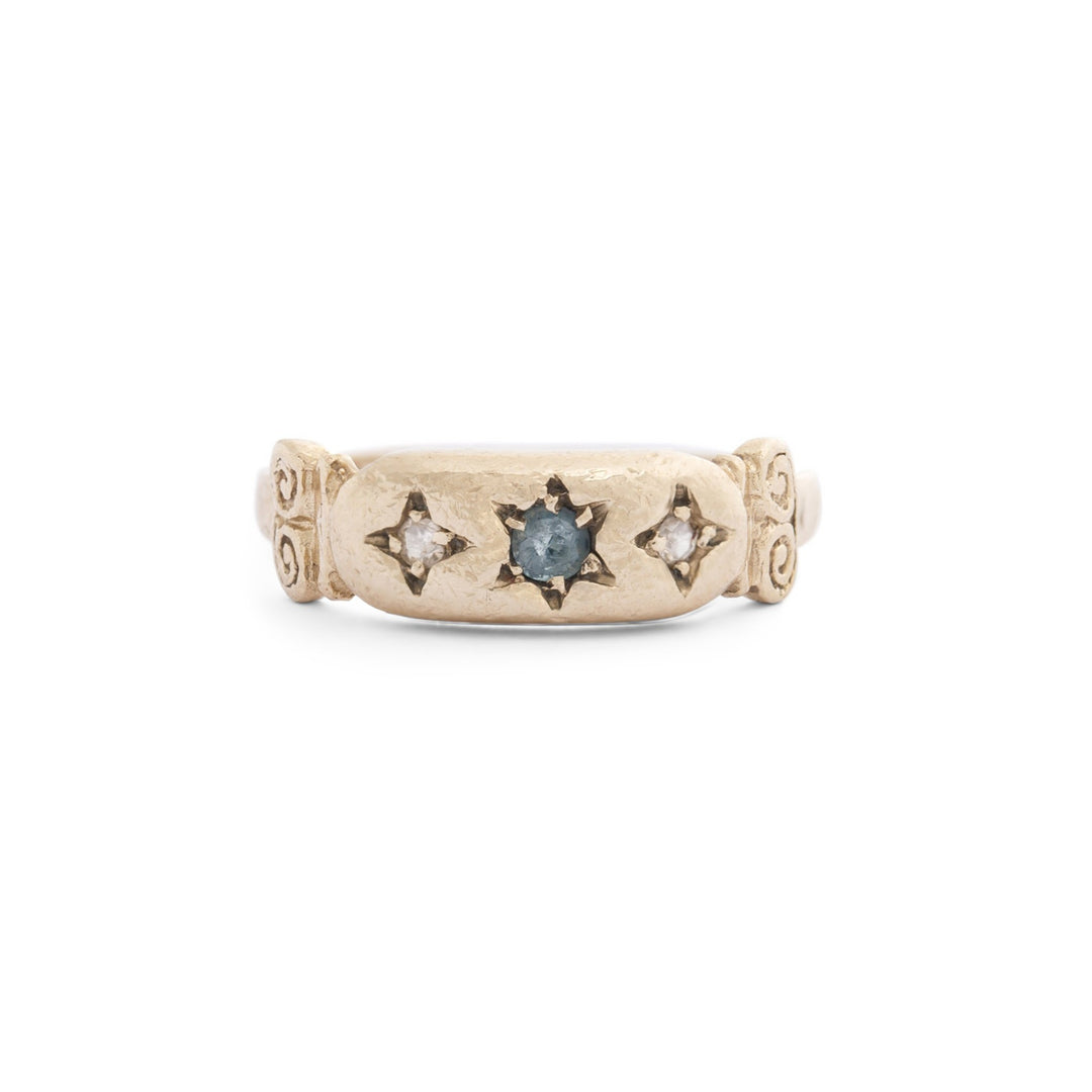 English Sapphire and Diamond 9k Gold Gypsy Ring
