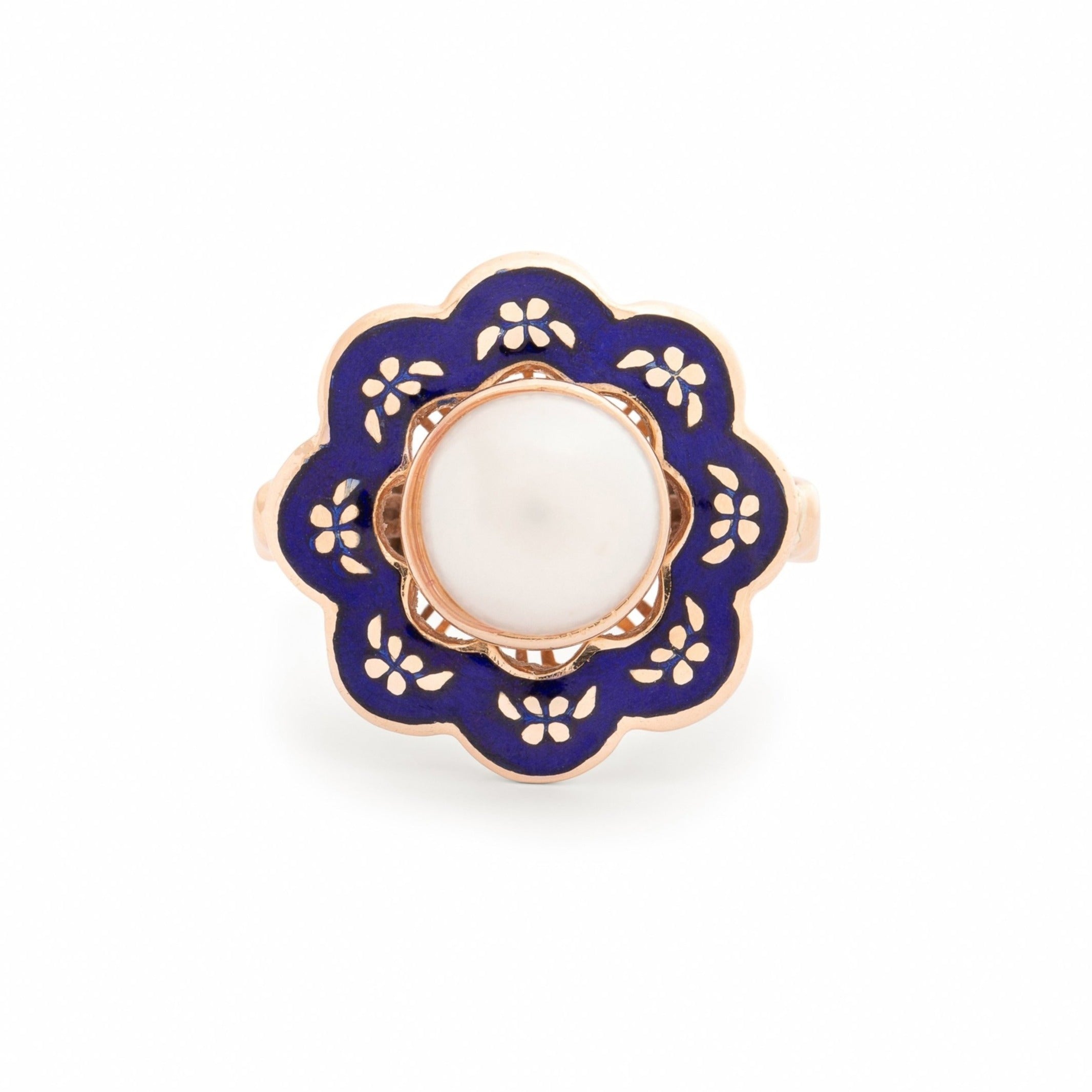 Blue Enamel and Pearl 14k Gold Ring