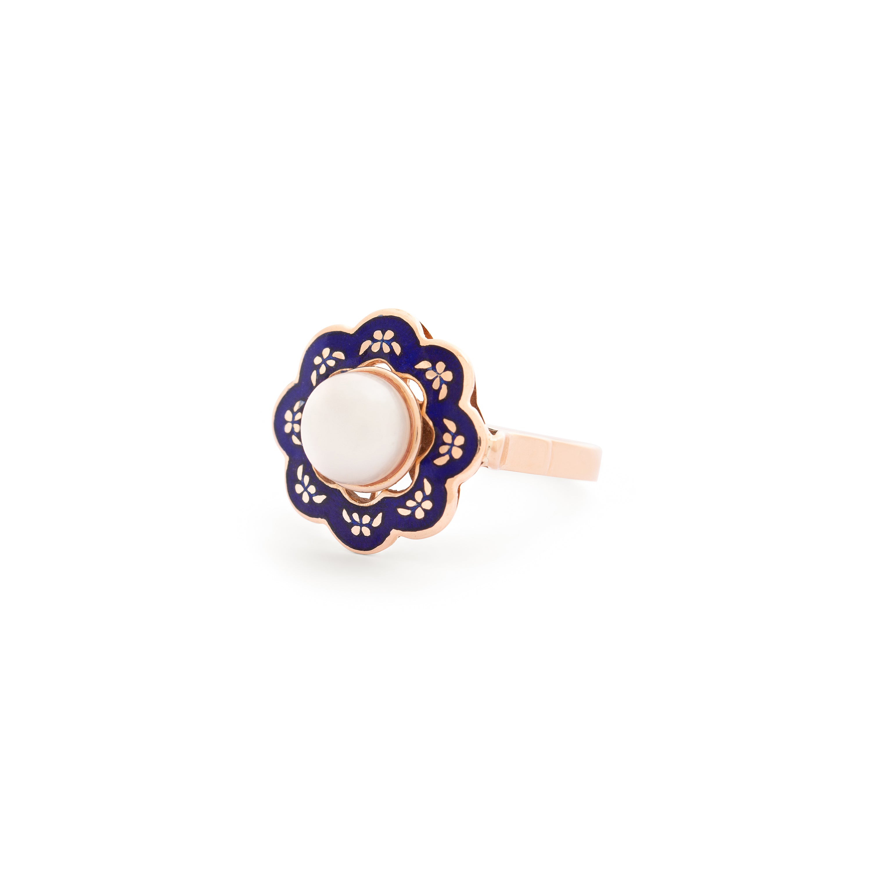 Blue Enamel and Pearl 14k Gold Ring