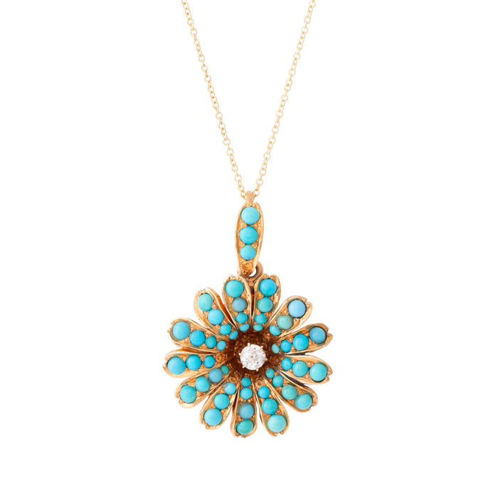 Victorian Turquoise and Diamond Flower Pendant Necklace