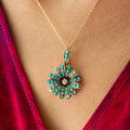 Victorian Turquoise and Diamond Flower Pendant Necklace
