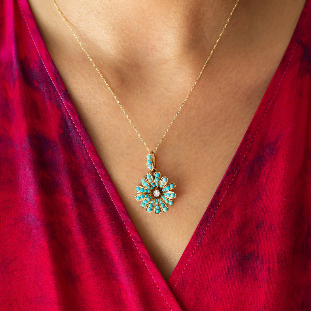 Victorian Turquoise and Diamond Flower Pendant Necklace