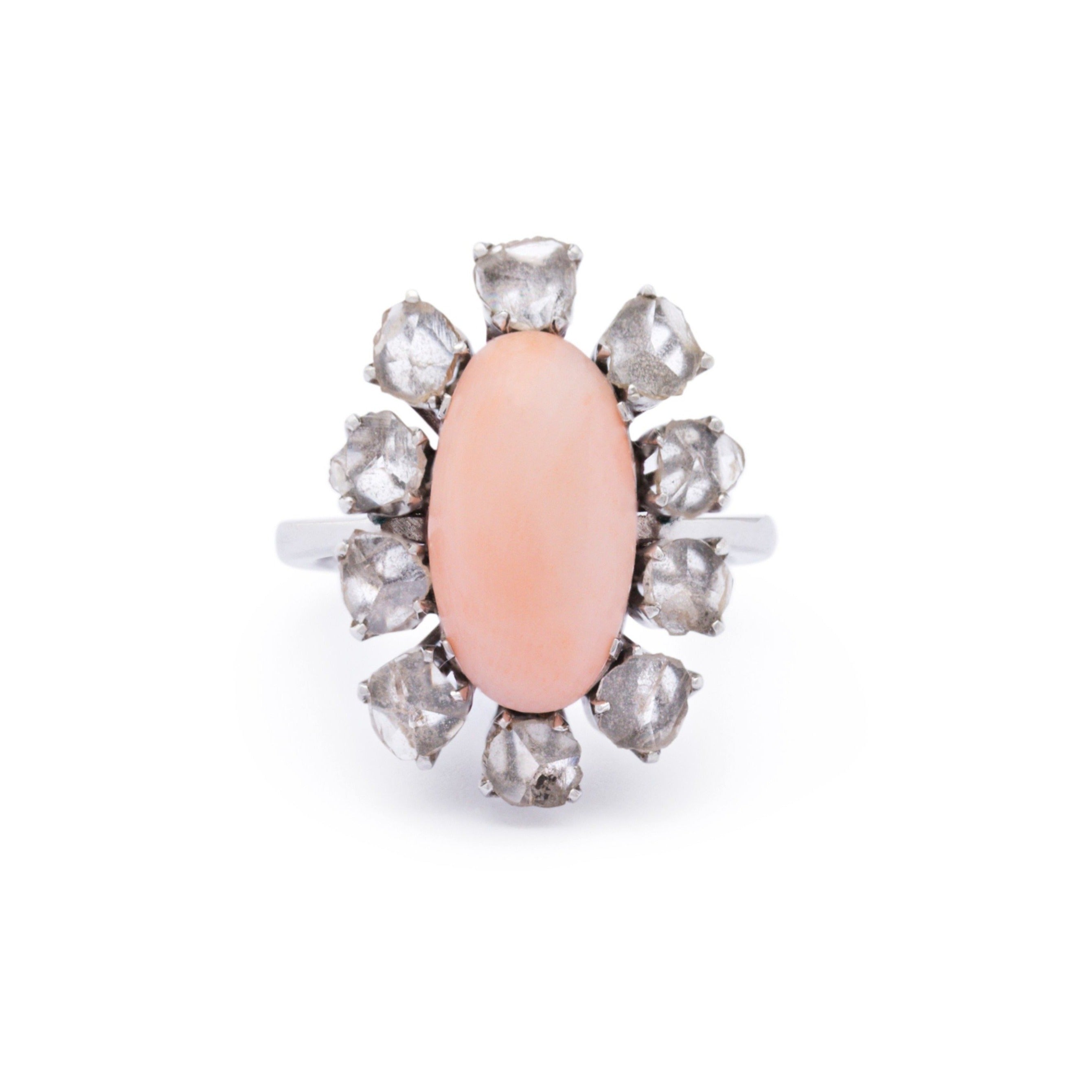 Angel Skin Coral and Rose Cut Diamond 14k Gold Cluster Ring