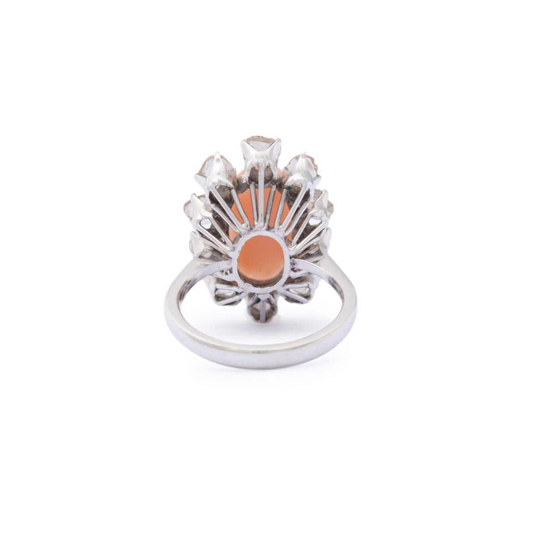 Angel Skin Coral and Rose Cut Diamond 14k Gold Cluster Ring