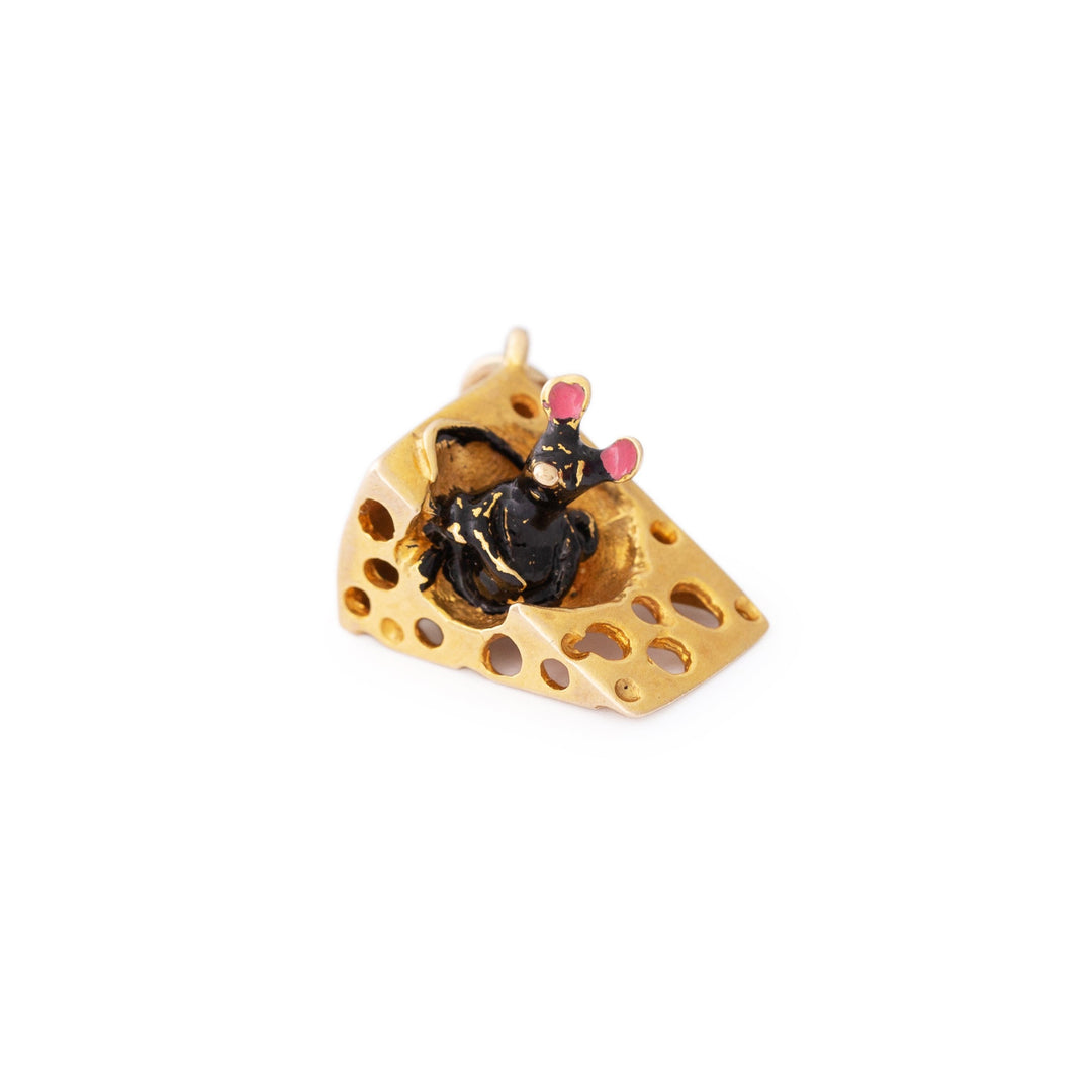 English Mouse and Cheese 9k Gold and Enamel Charm