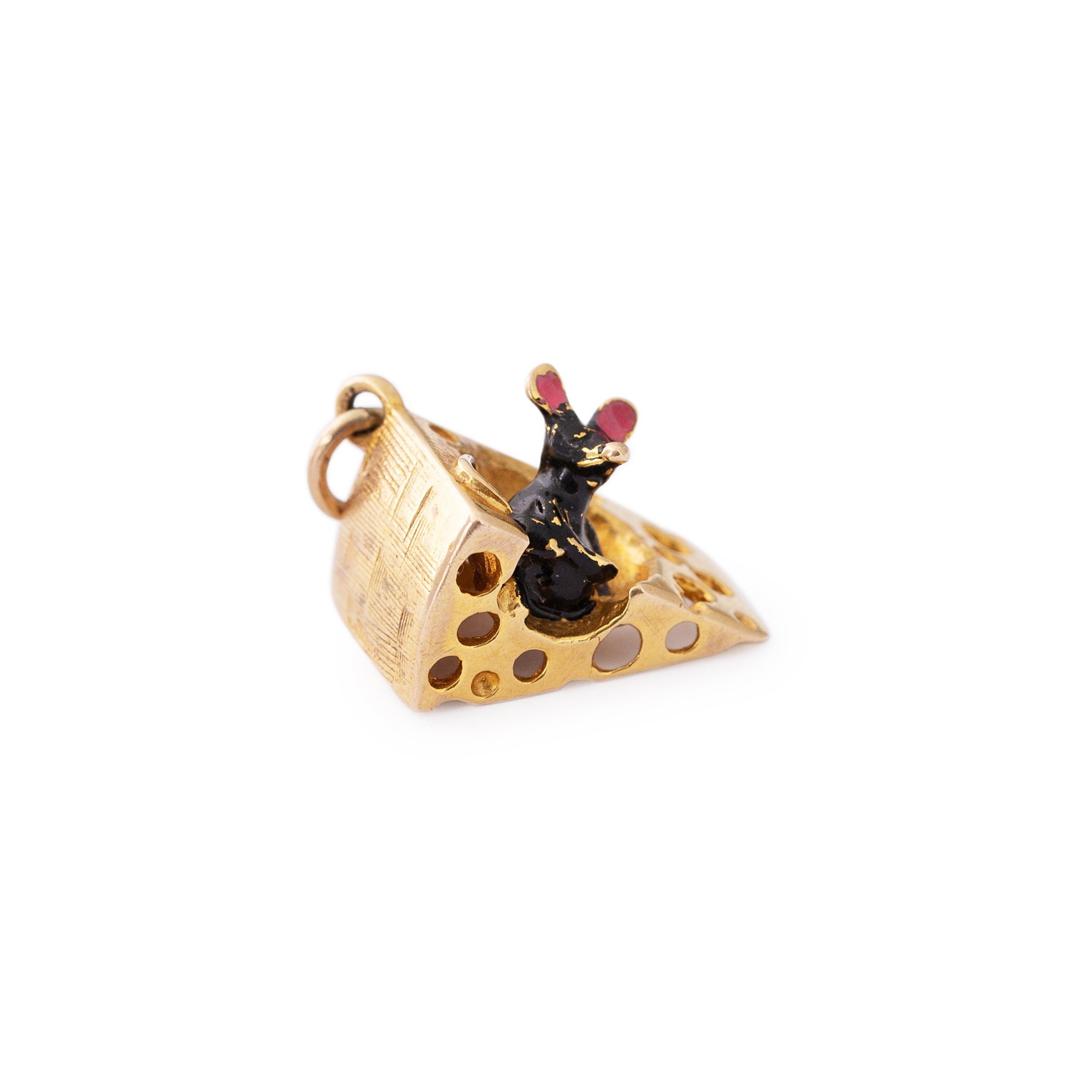 English Mouse and Cheese 9k Gold and Enamel Charm