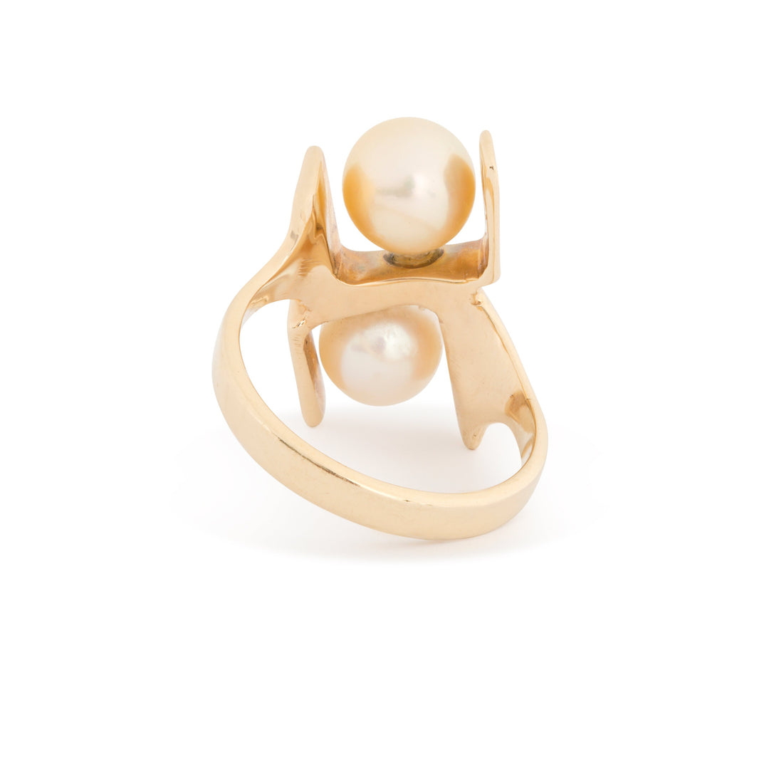 Sculptural Double Pearl and 14k Gold Ring
