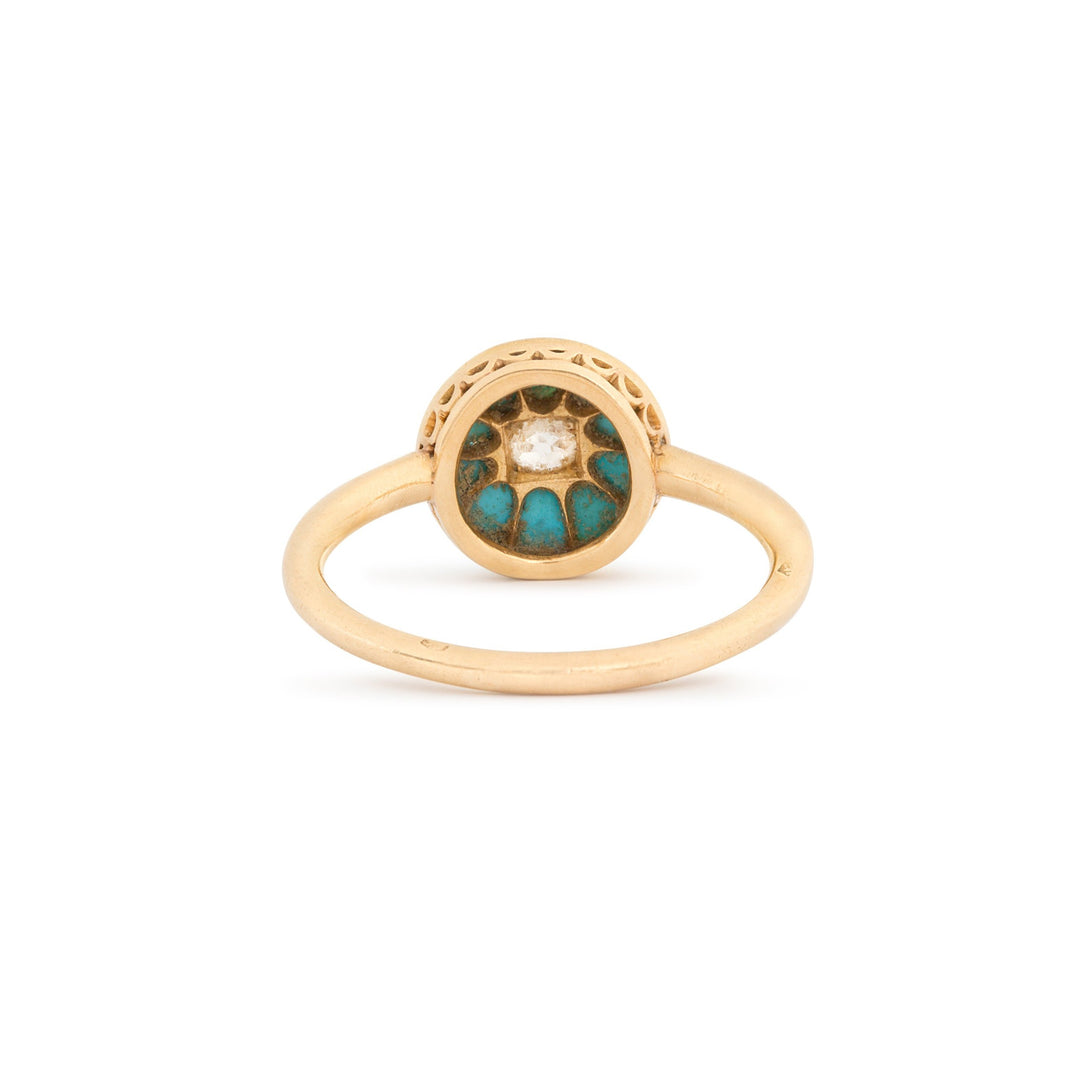 French Diamond and Turquoise Cluster 18k Gold Ring
