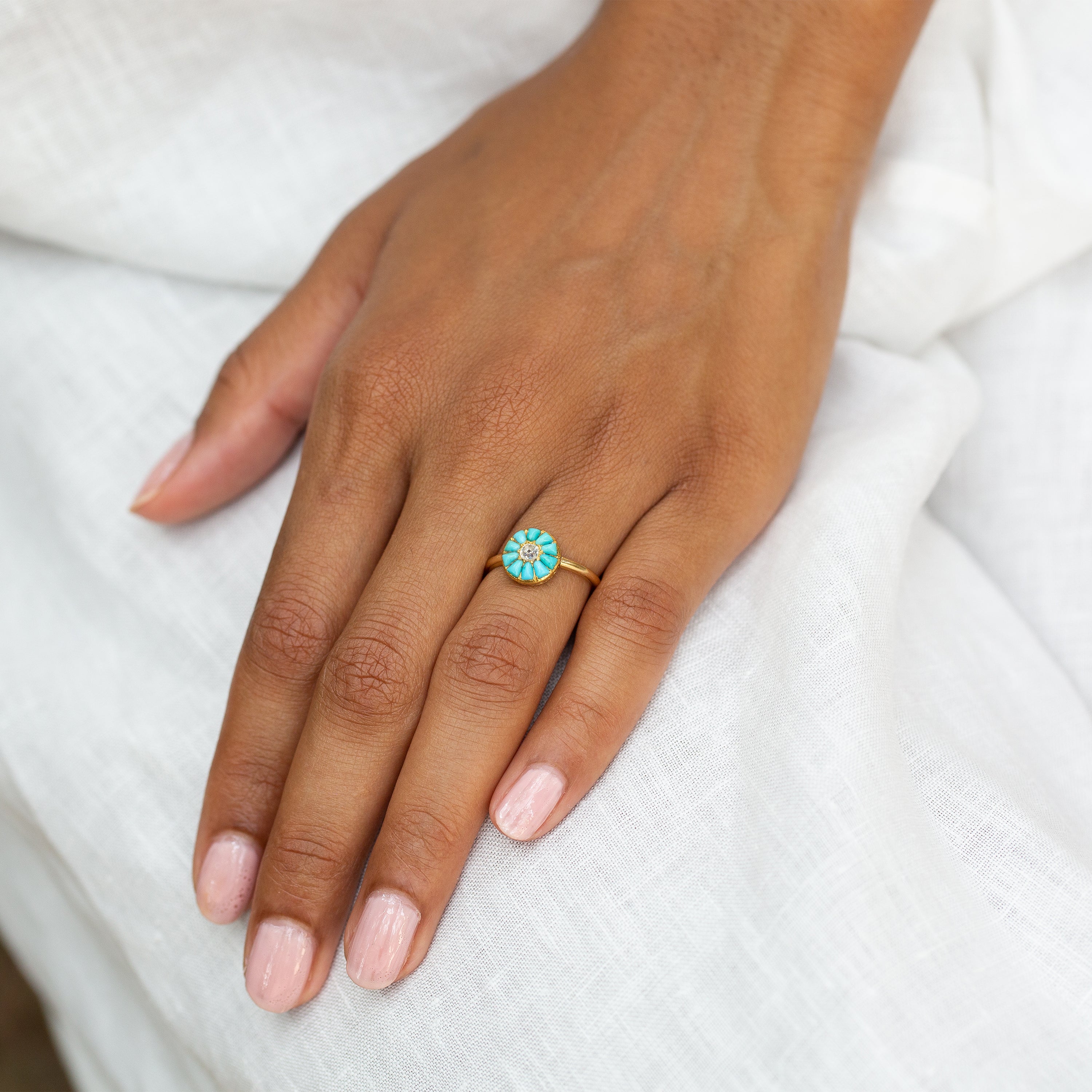 French Diamond and Turquoise Cluster 18k Gold Ring