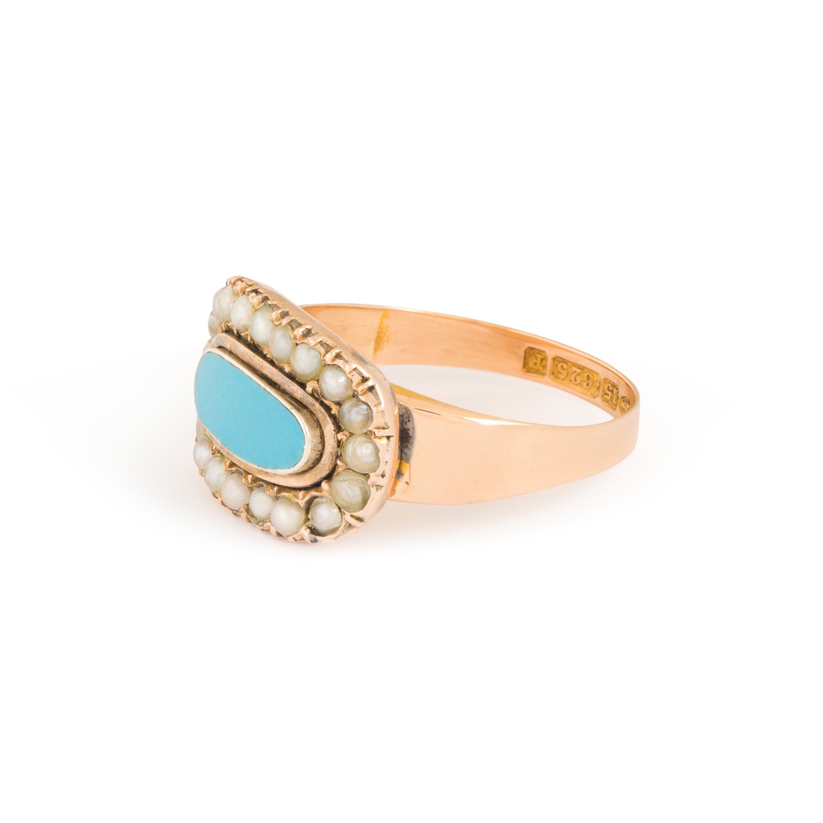 Victorian English Blue Enamel and Pearl 15k Gold Ring