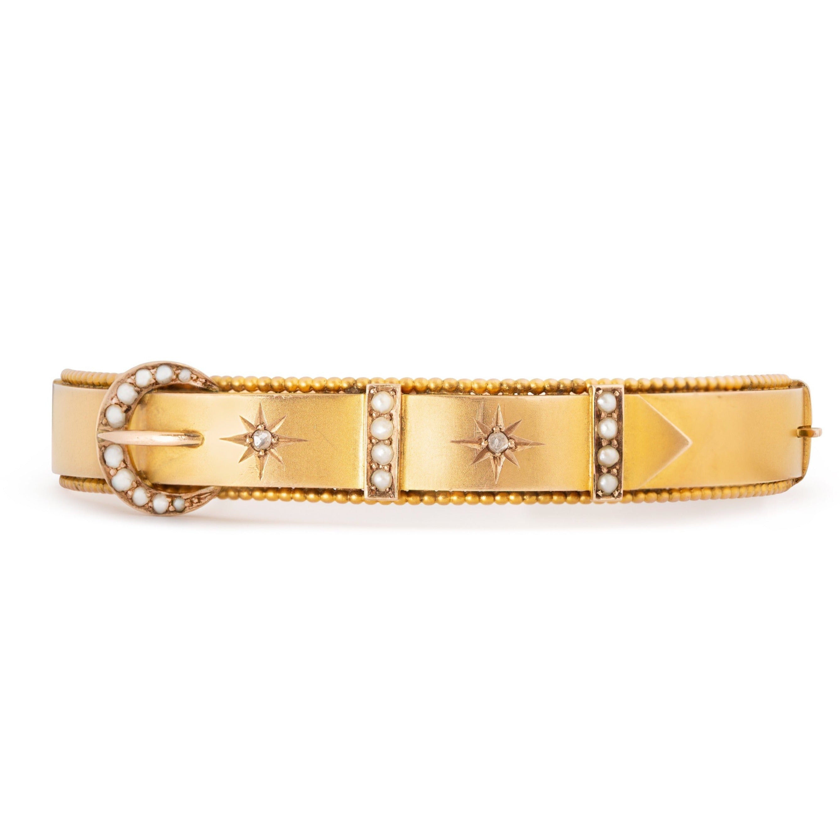 Victorian Diamond, Pearl, and 9K Gold Buckle Bracelet