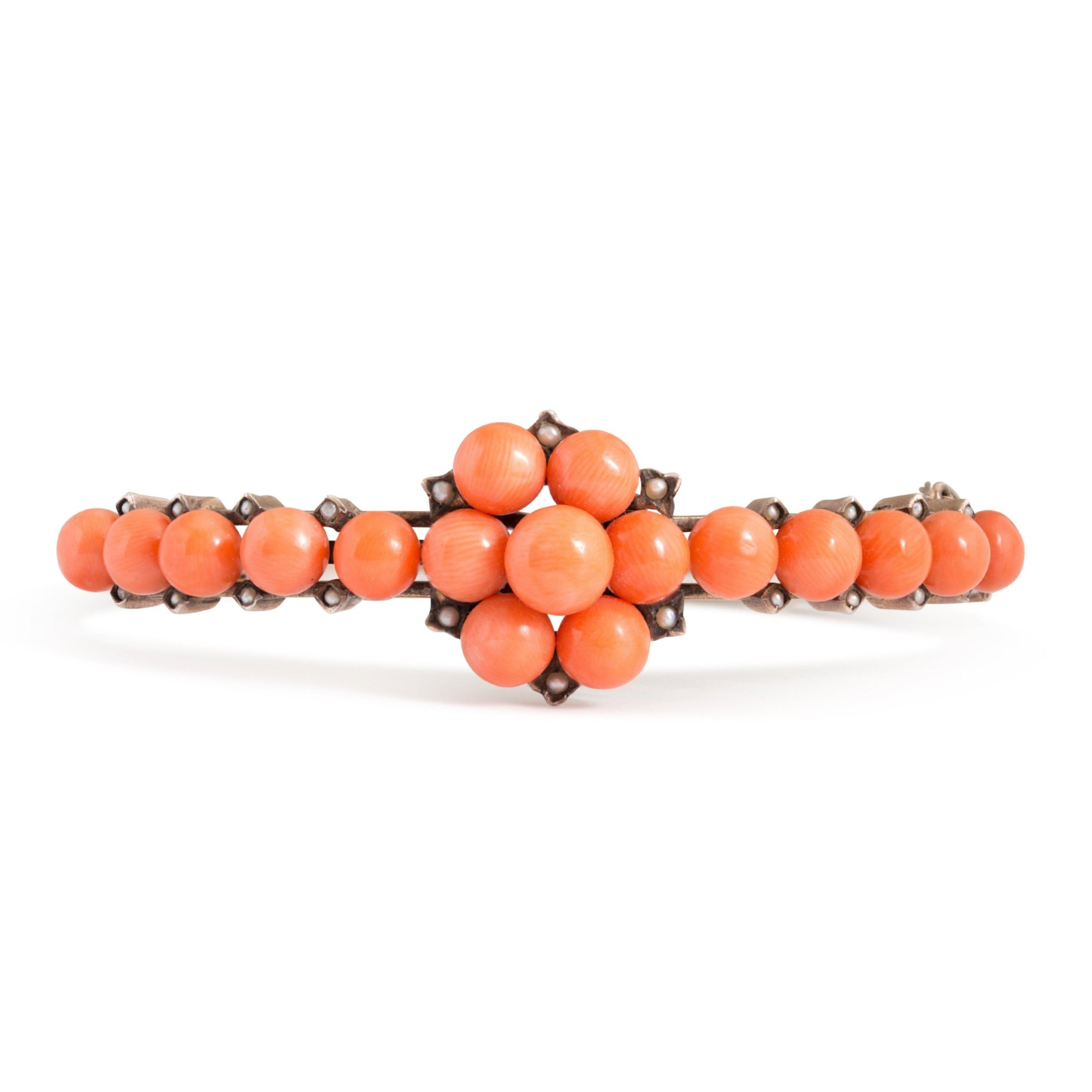 Victorian Coral, Pearl, and Silver Bangle Bracelet
