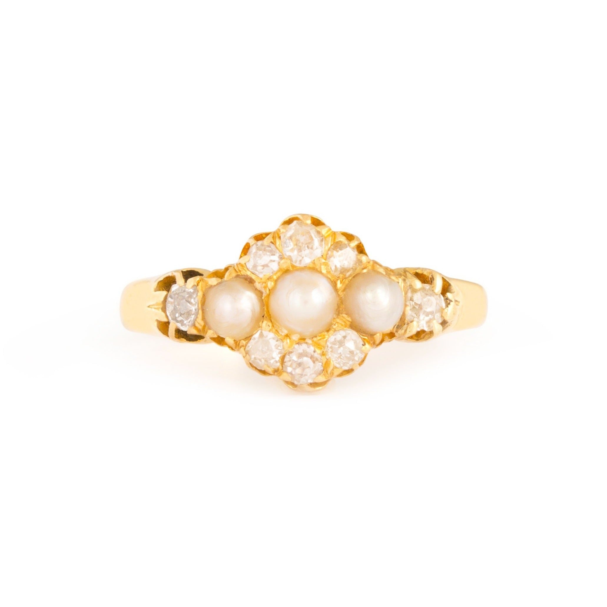 Victorian Pearl, Old Mine Cut Diamond, and 14k Gold Ring