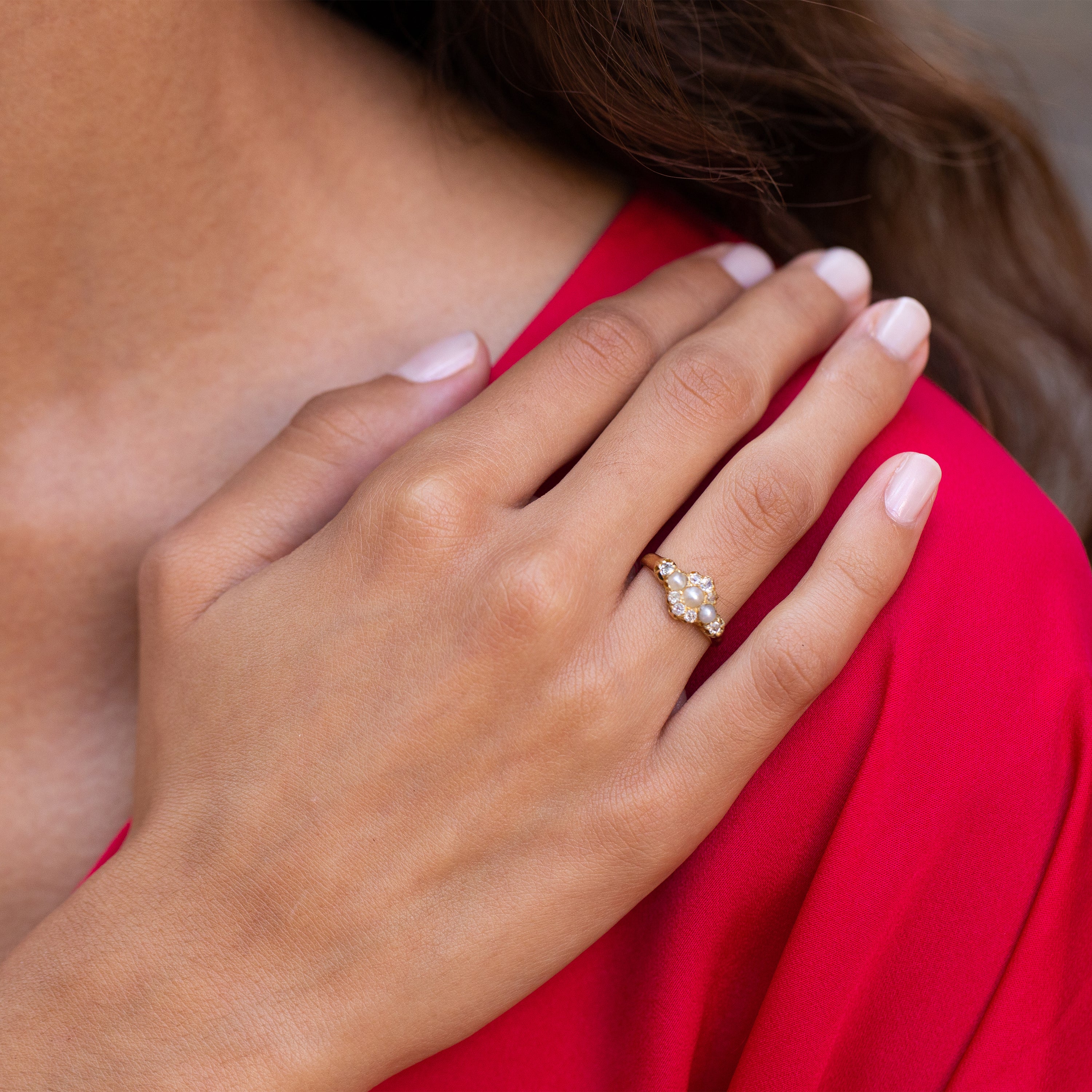 Victorian Pearl, Old Mine Cut Diamond, and 14k Gold Ring