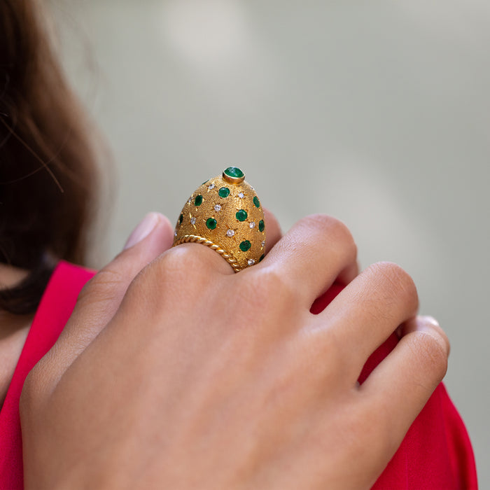 Emerald and Diamond 18k Gold Dome Ring