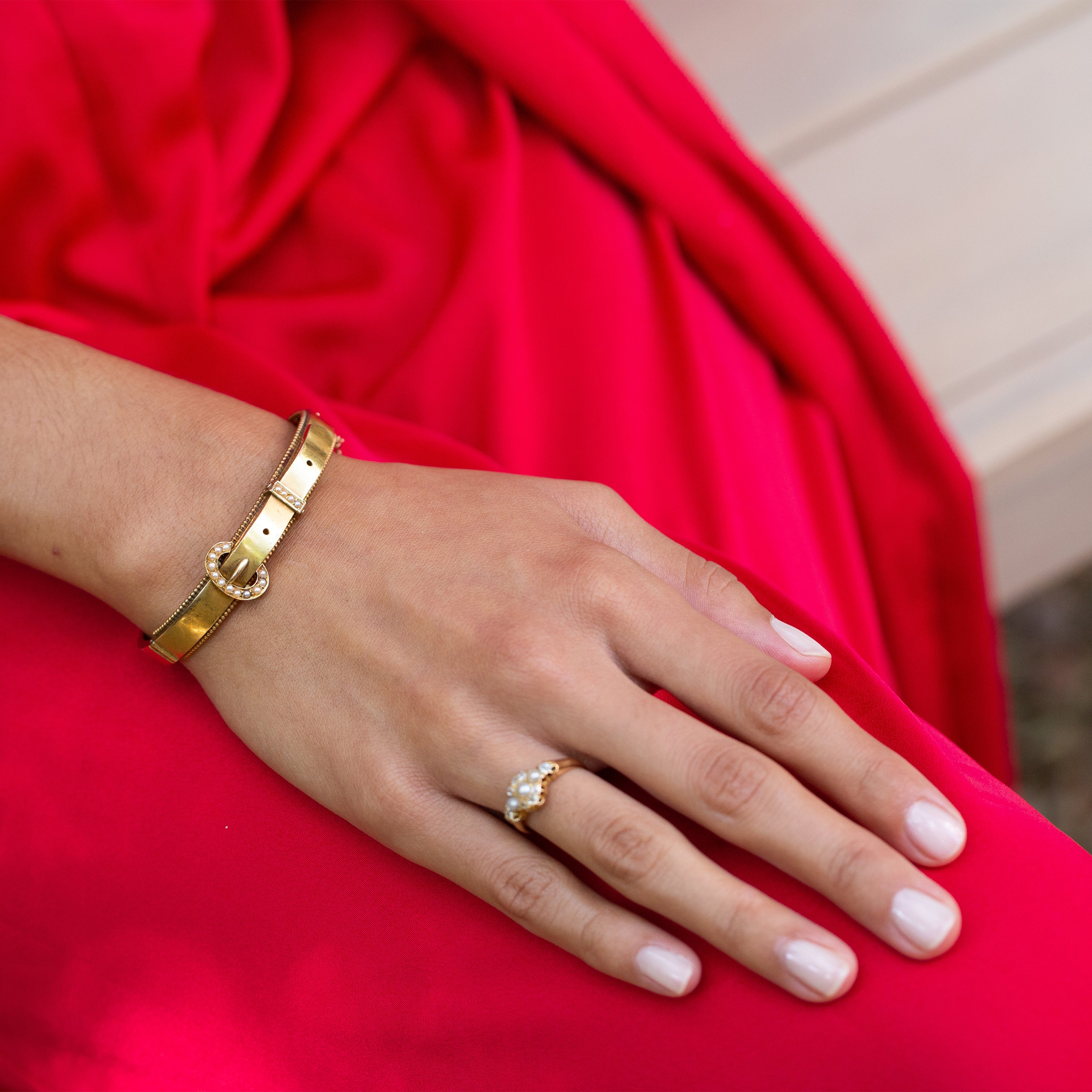 Victorian Pearl And 14k Gold Buckle Bracelet