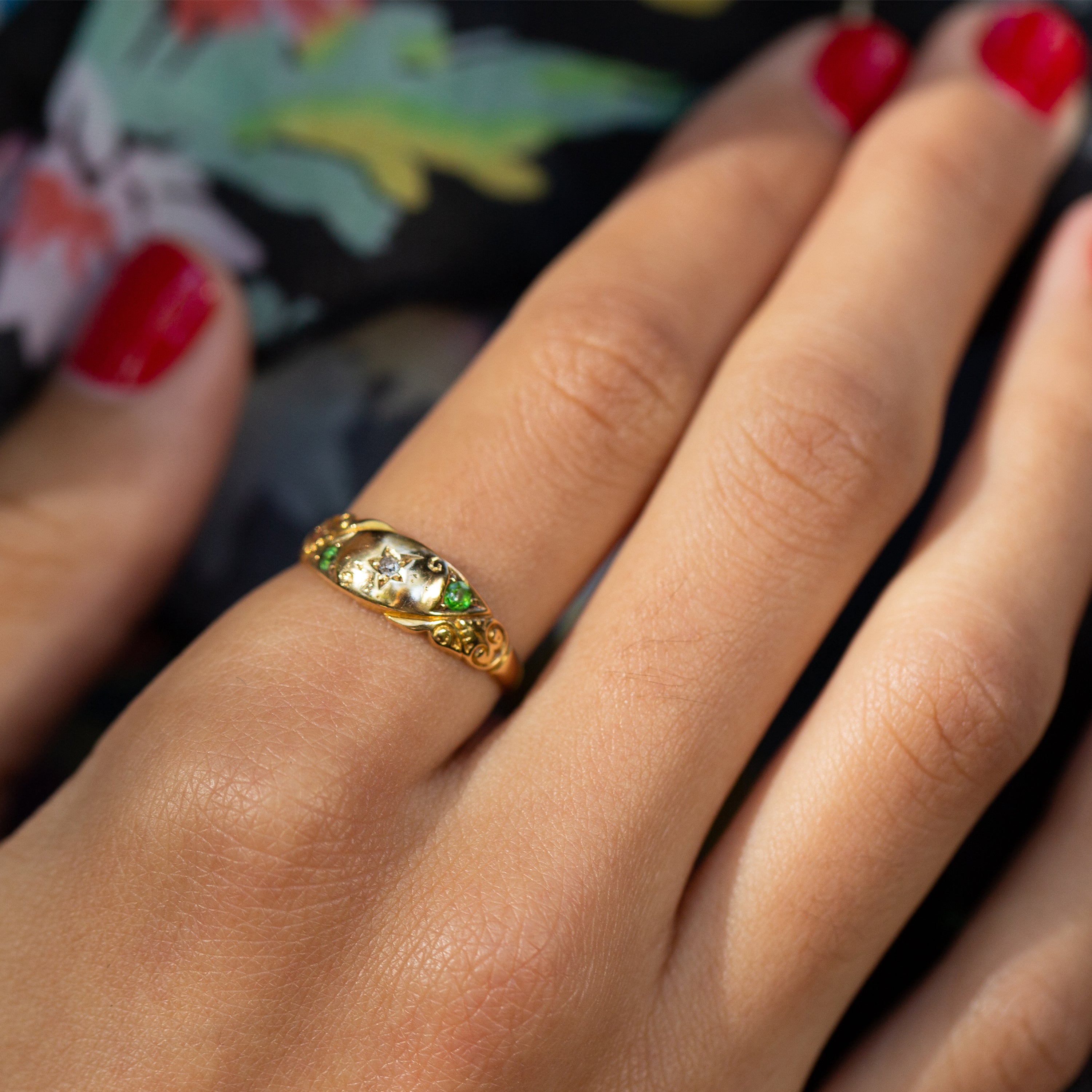 English Diamond and Peridot 18k Gold Gypsy Ring