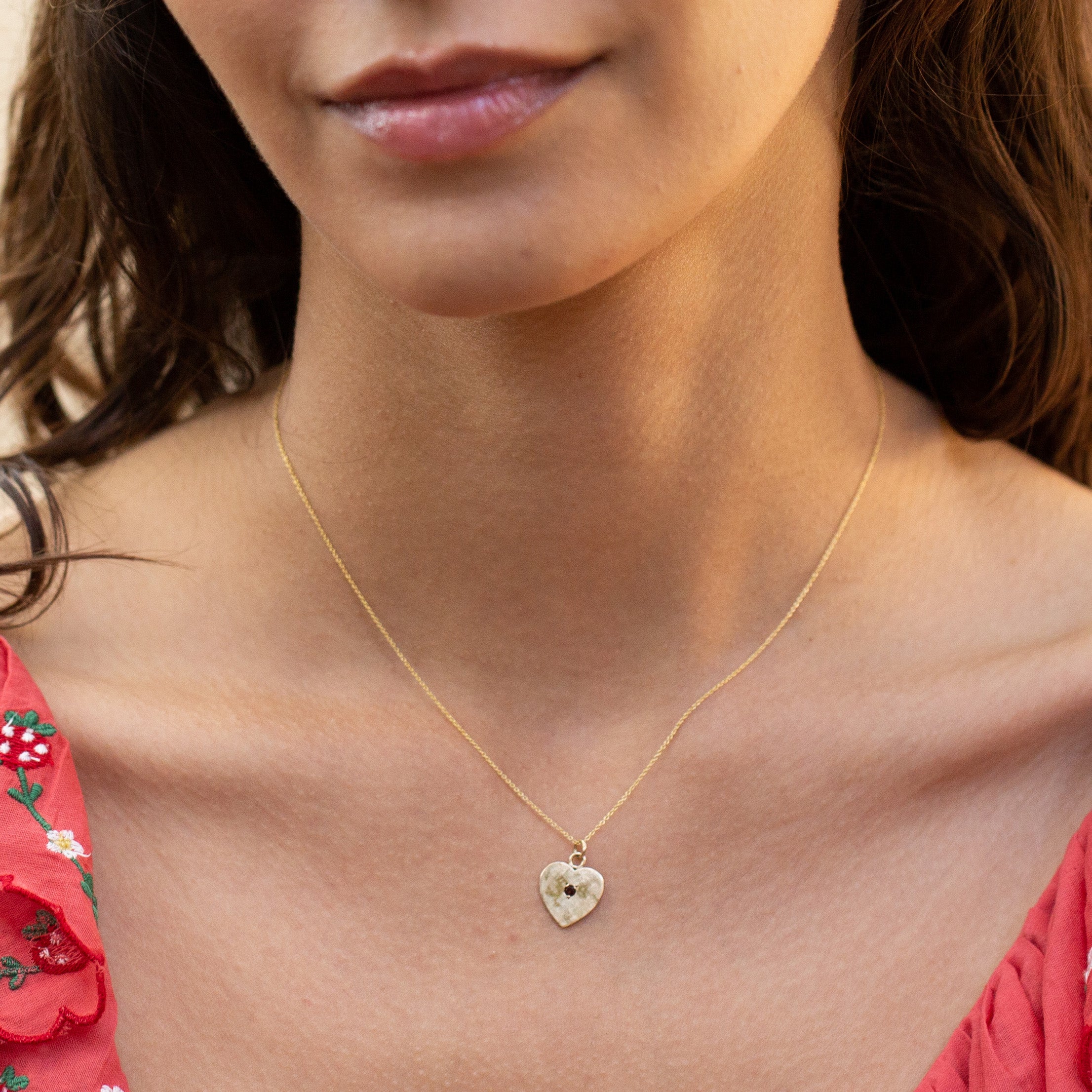 Garnet and Textured 14k Gold Heart Charm