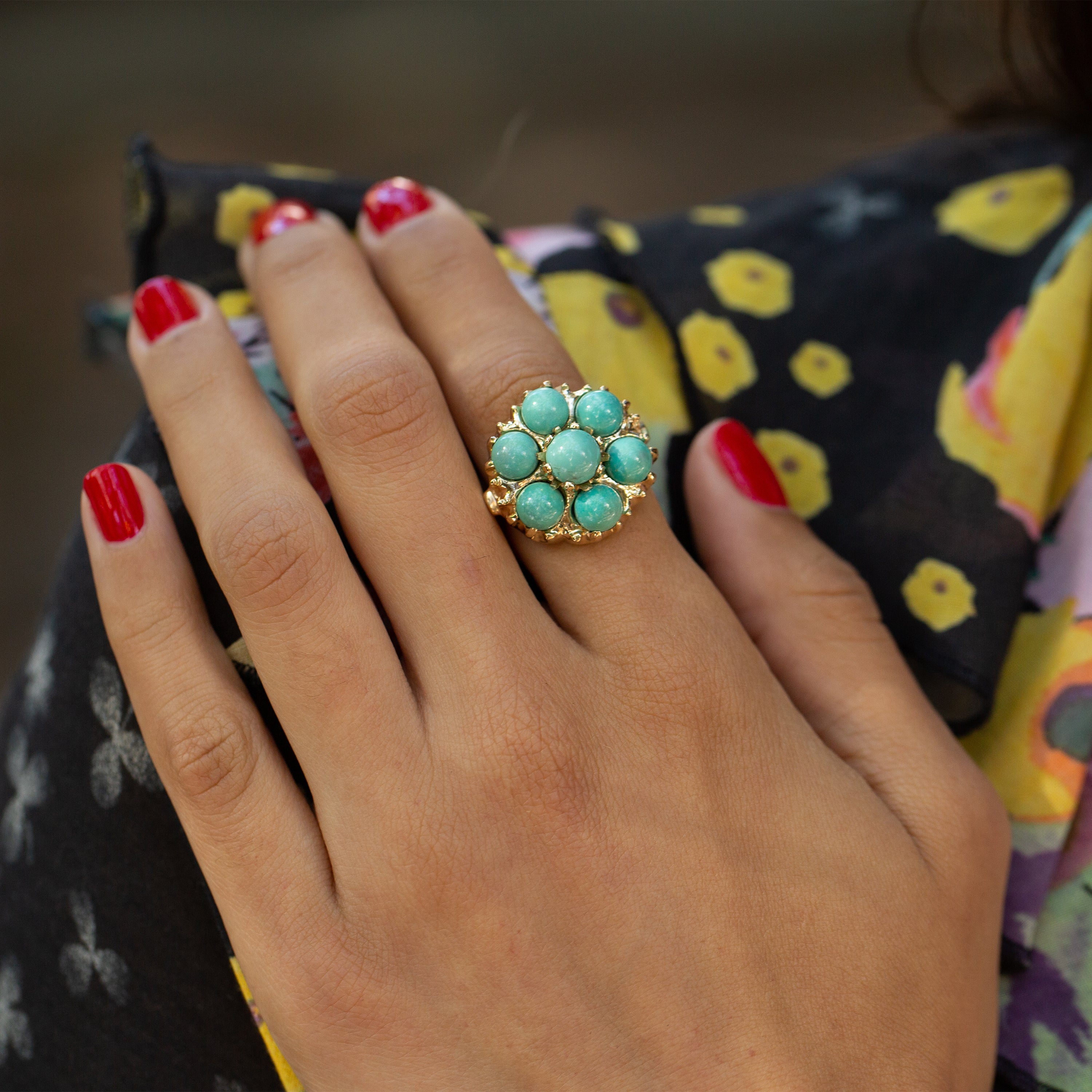 Green Turquoise And 14k Gold Cluster Ring