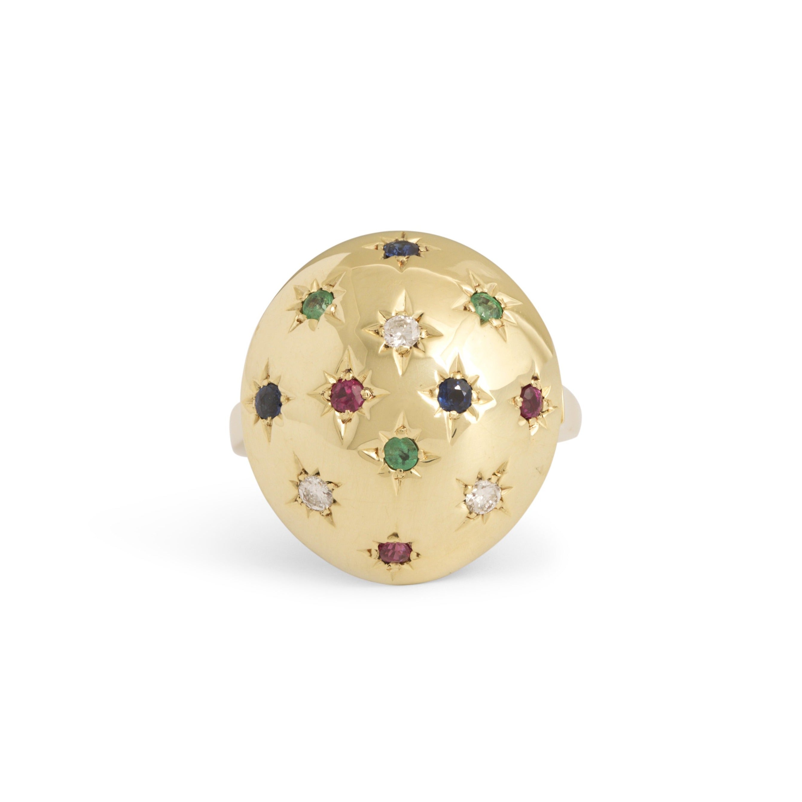 Starburst Diamond, Emerald, Ruby, and Sapphire 14k Gold Dome Ring
