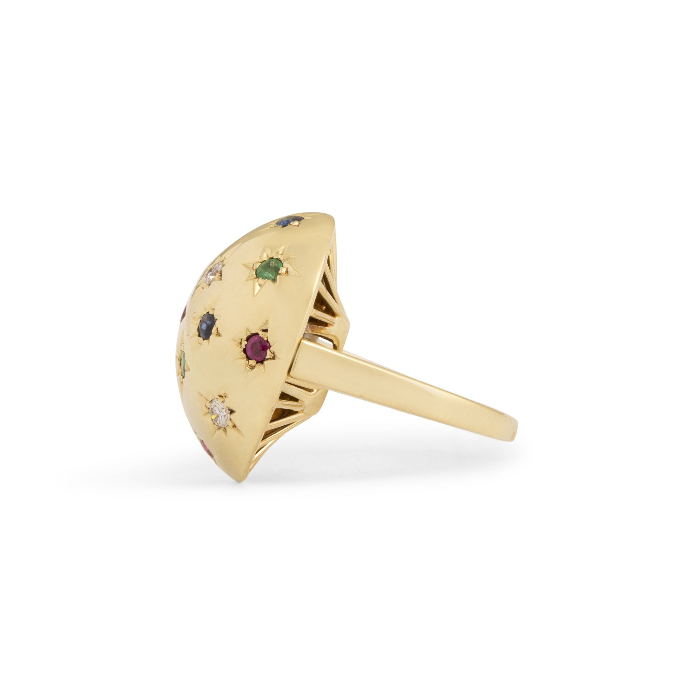 Starburst Diamond, Emerald, Ruby, and Sapphire 14k Gold Dome Ring