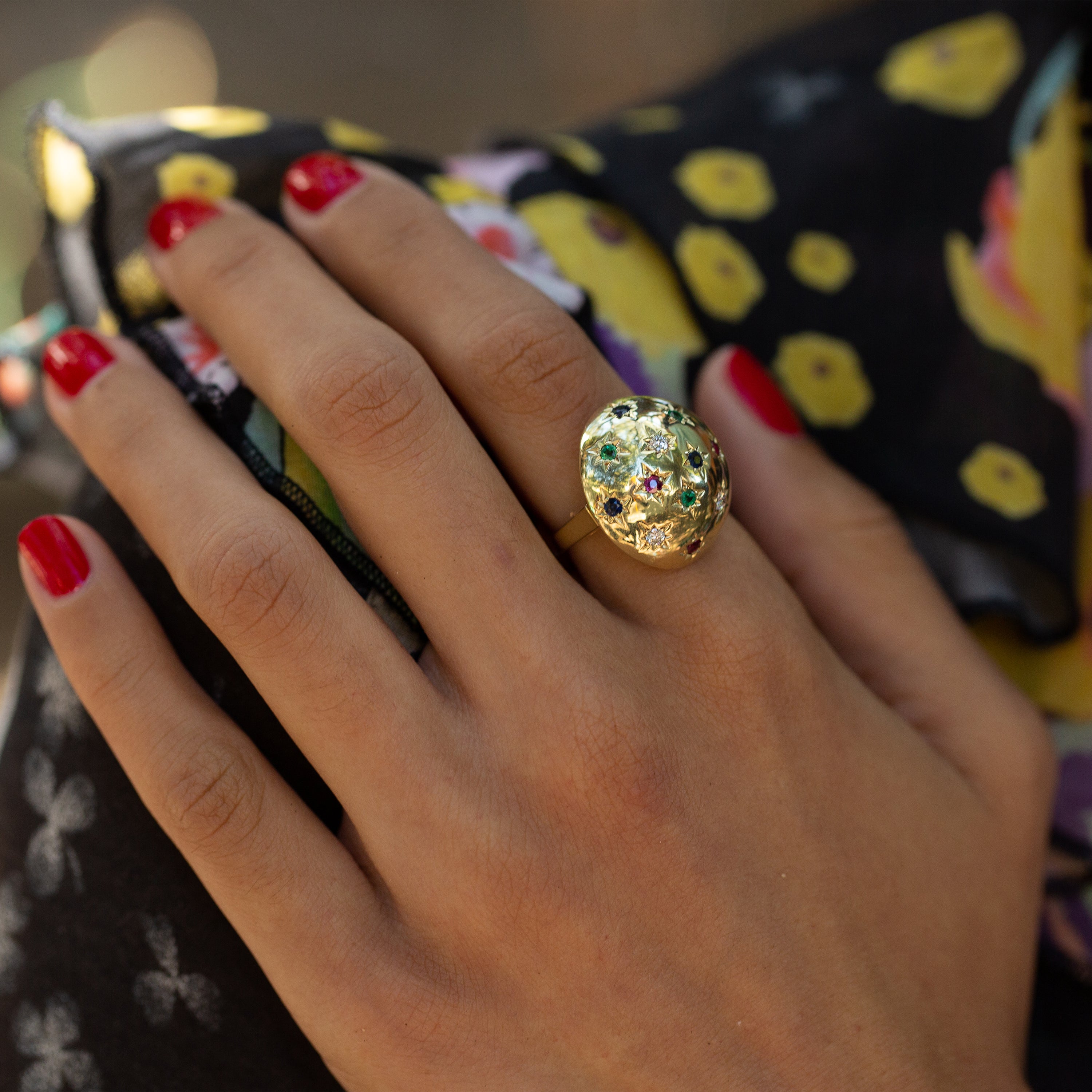 Starburst Diamond, Emerald, Ruby, and Sapphire 14k Gold Dome Ring