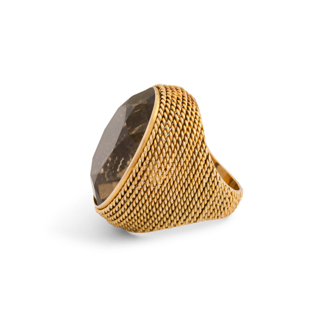 Large Oval Smoky Quartz and Roped 14k Gold Ring