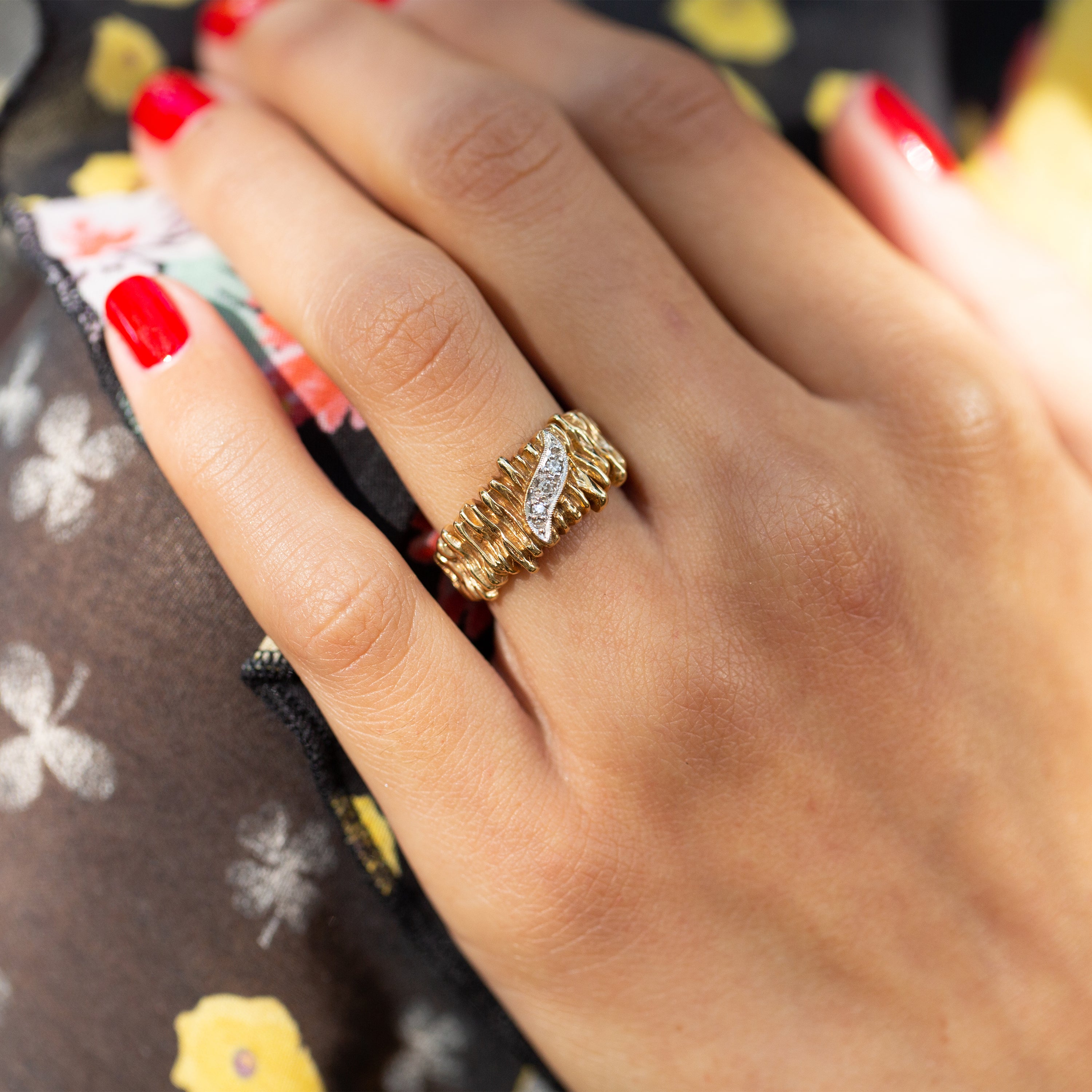 Textured 14k Gold and Diamond Ring