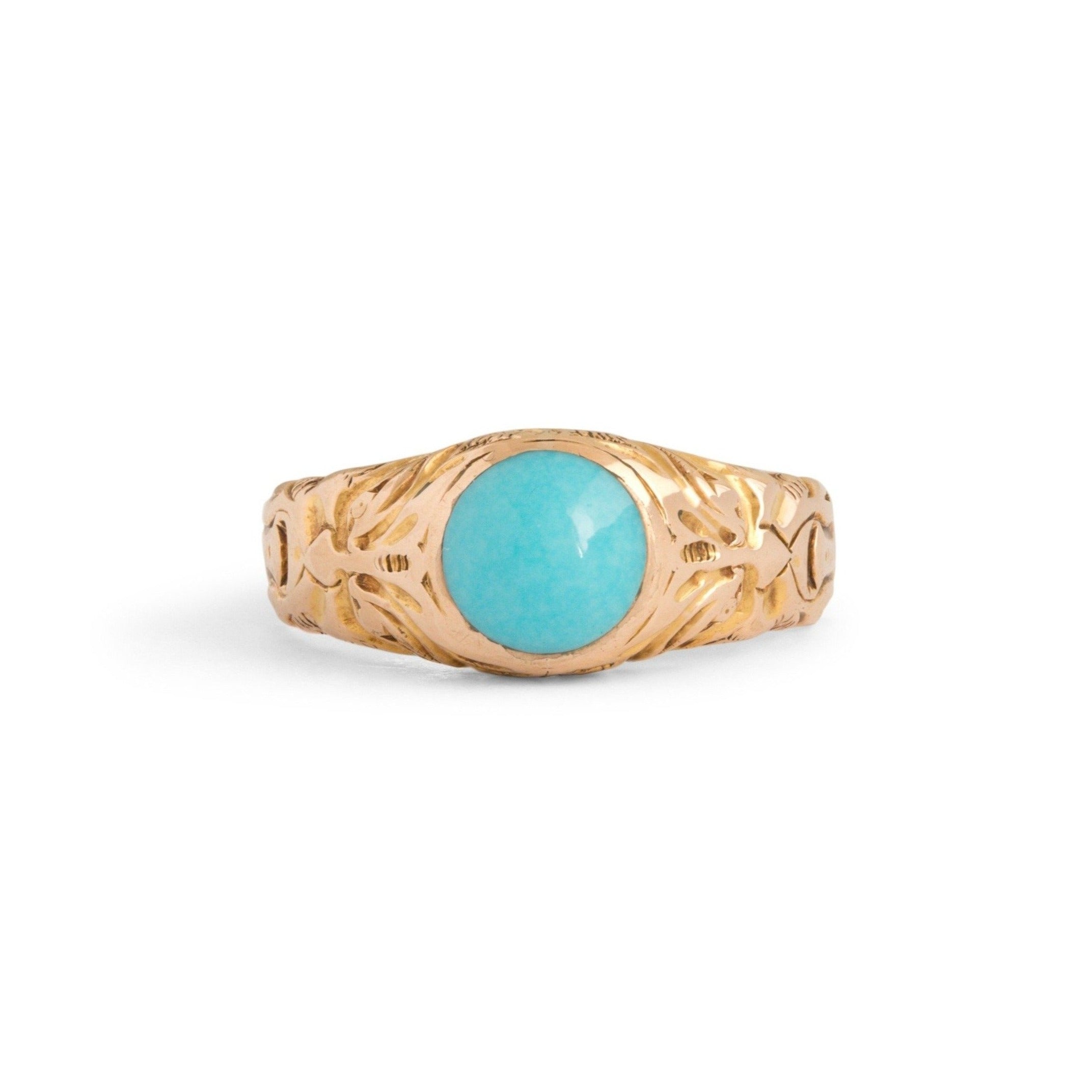 Victorian Turquoise And 14k Gold Engraved Face Ring
