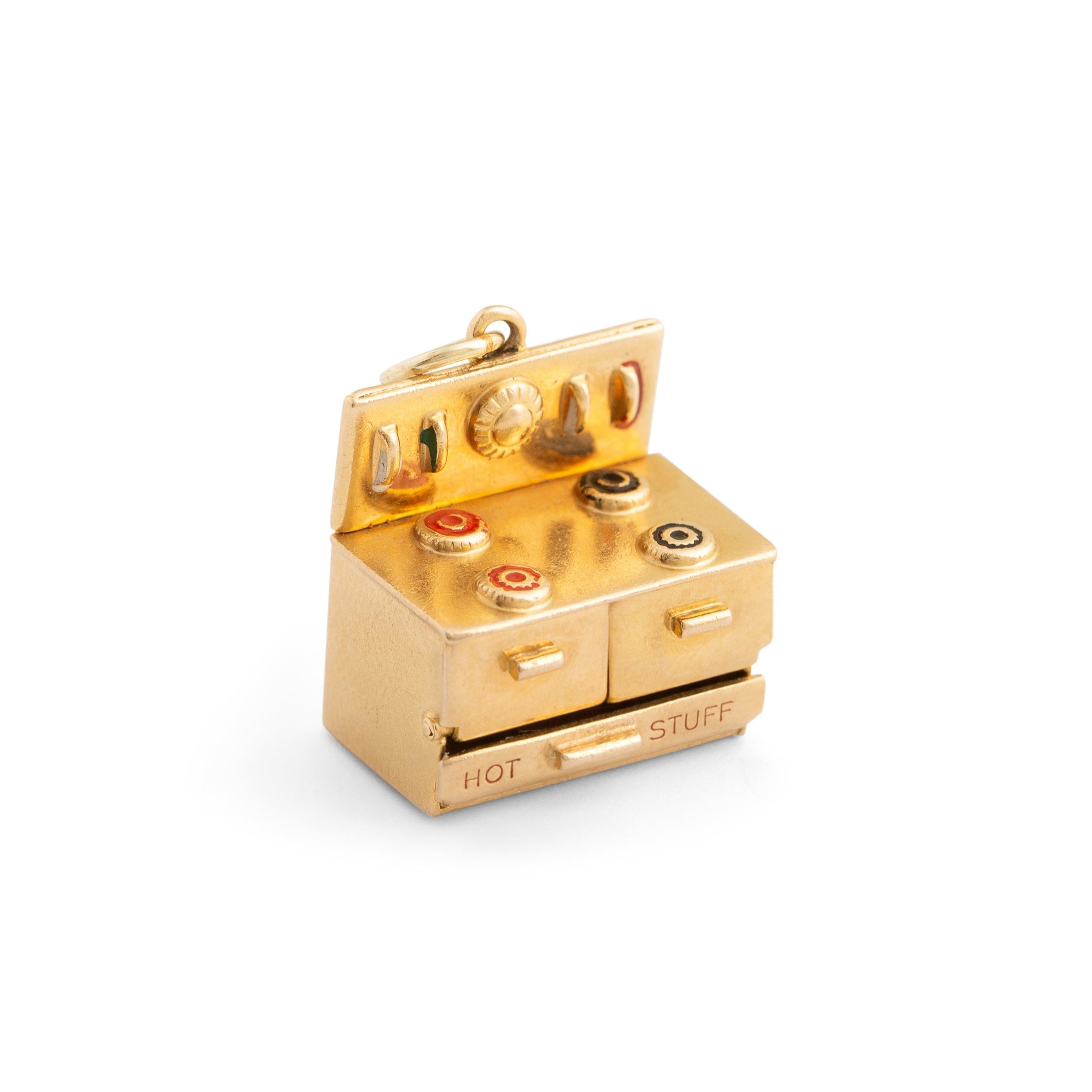 "Hot Stuff" Movable Stove Enamel and 14k Gold Charm