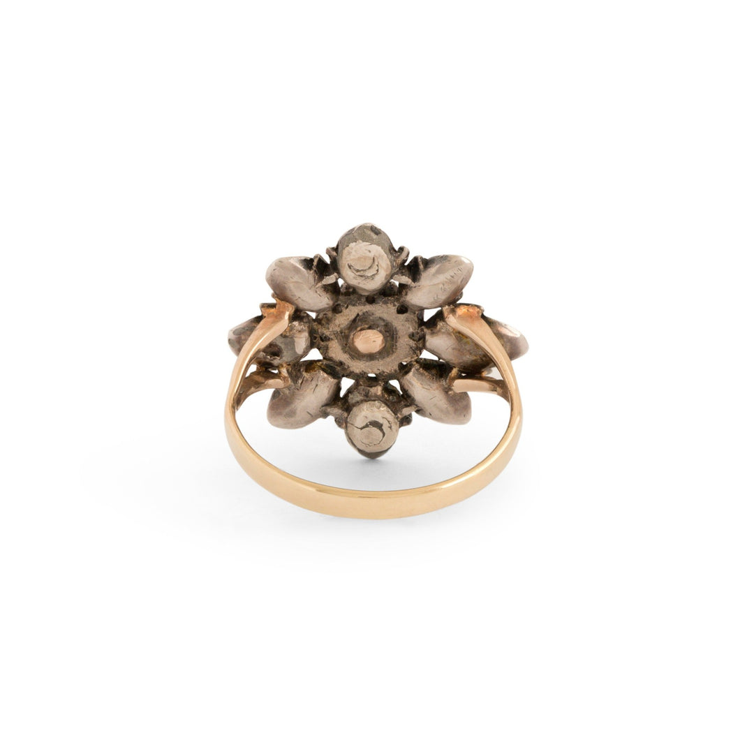 Victorian Rose Cut Diamond, Silver, and 14k Gold Cluster Ring