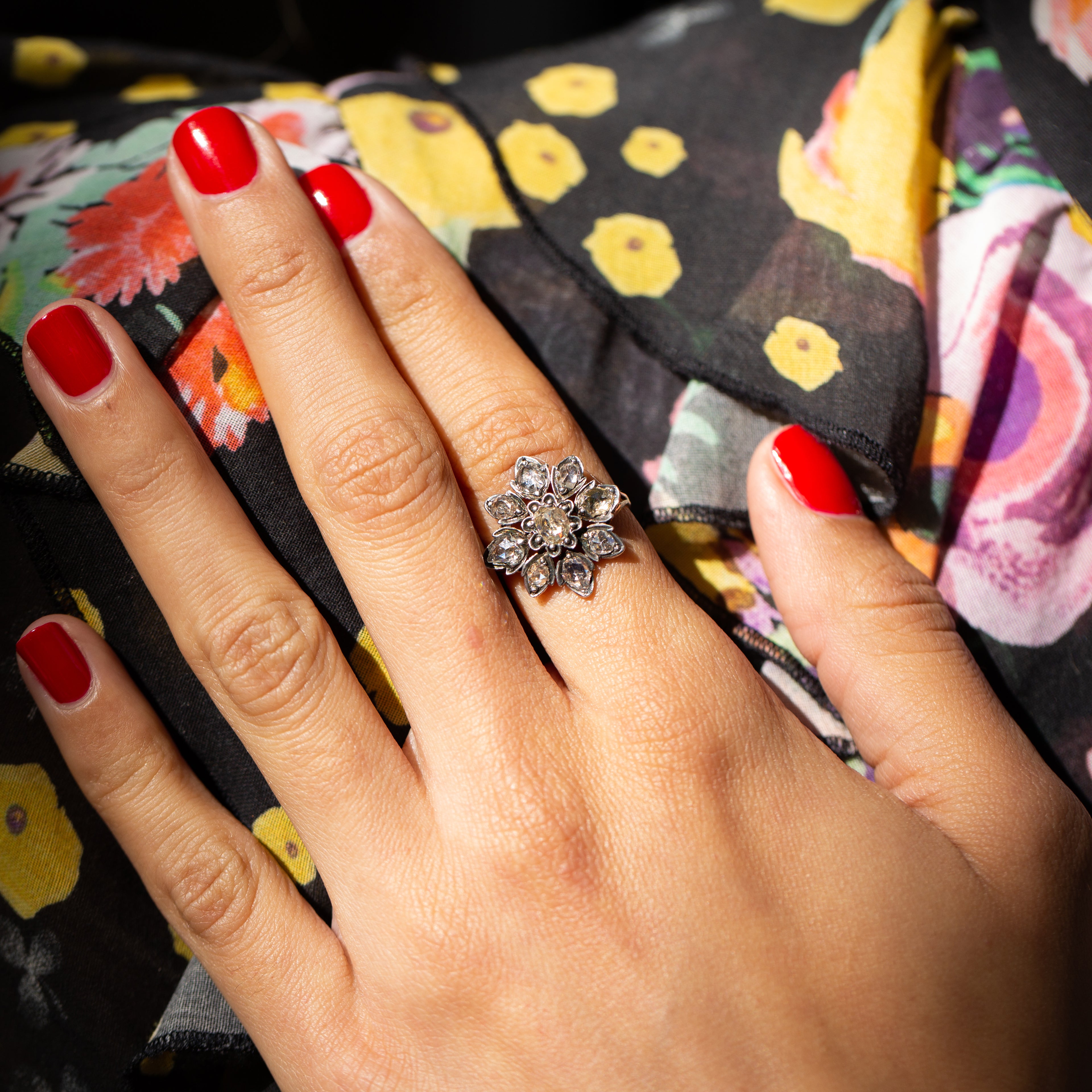 Victorian Rose Cut Diamond, Silver, and 14k Gold Cluster Ring
