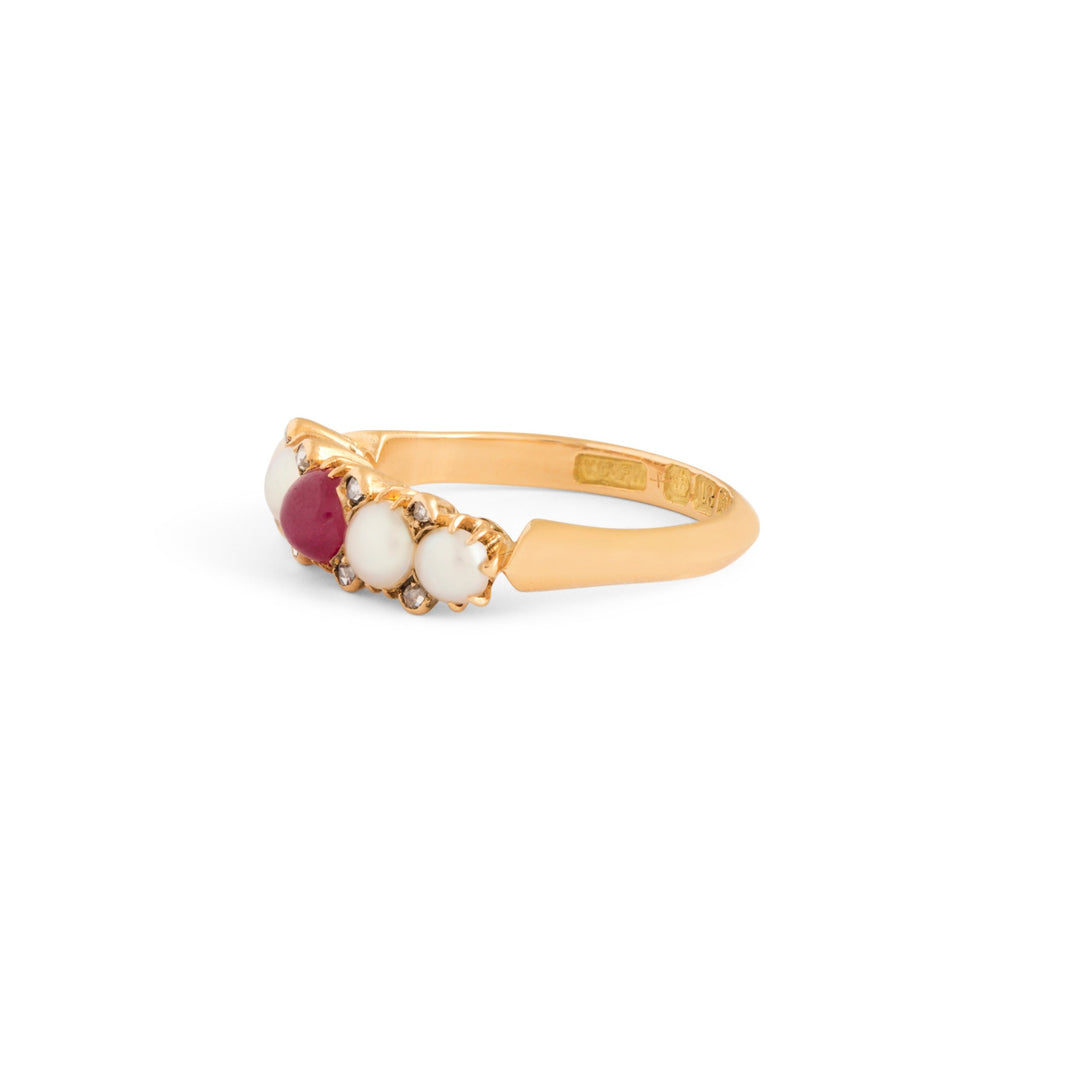 Victorian English Ruby, Pearl, Diamond And 18k Gold Ring