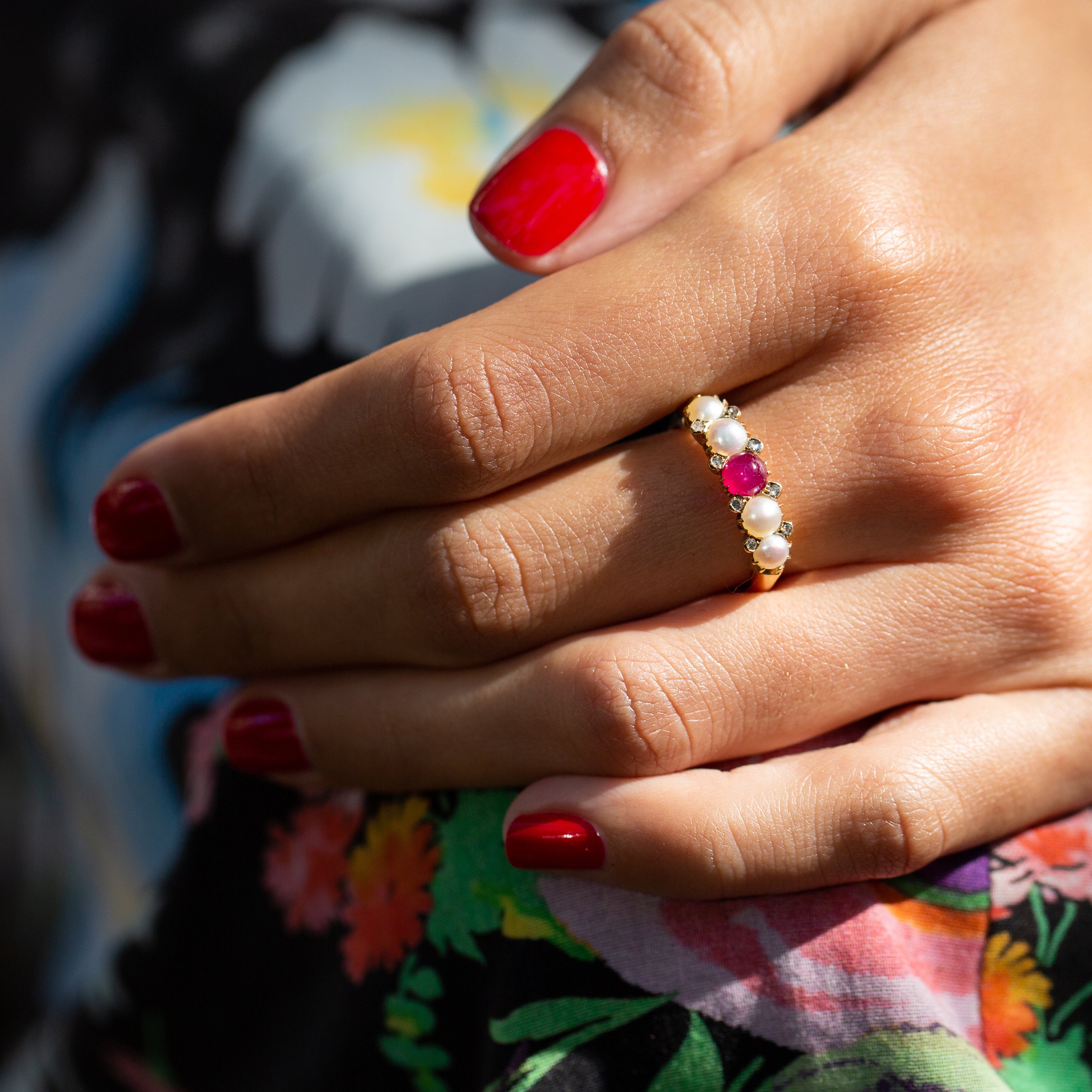 Victorian English Ruby, Pearl, Diamond And 18k Gold Ring