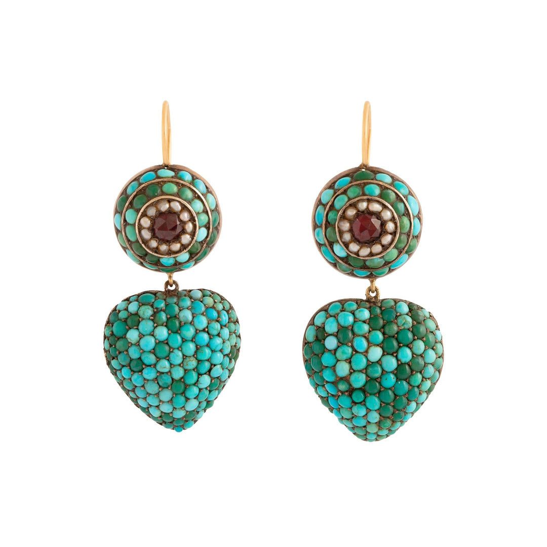 Victorian Pavé Turquoise, Garnet, and Pearl 14K Gold Earrings