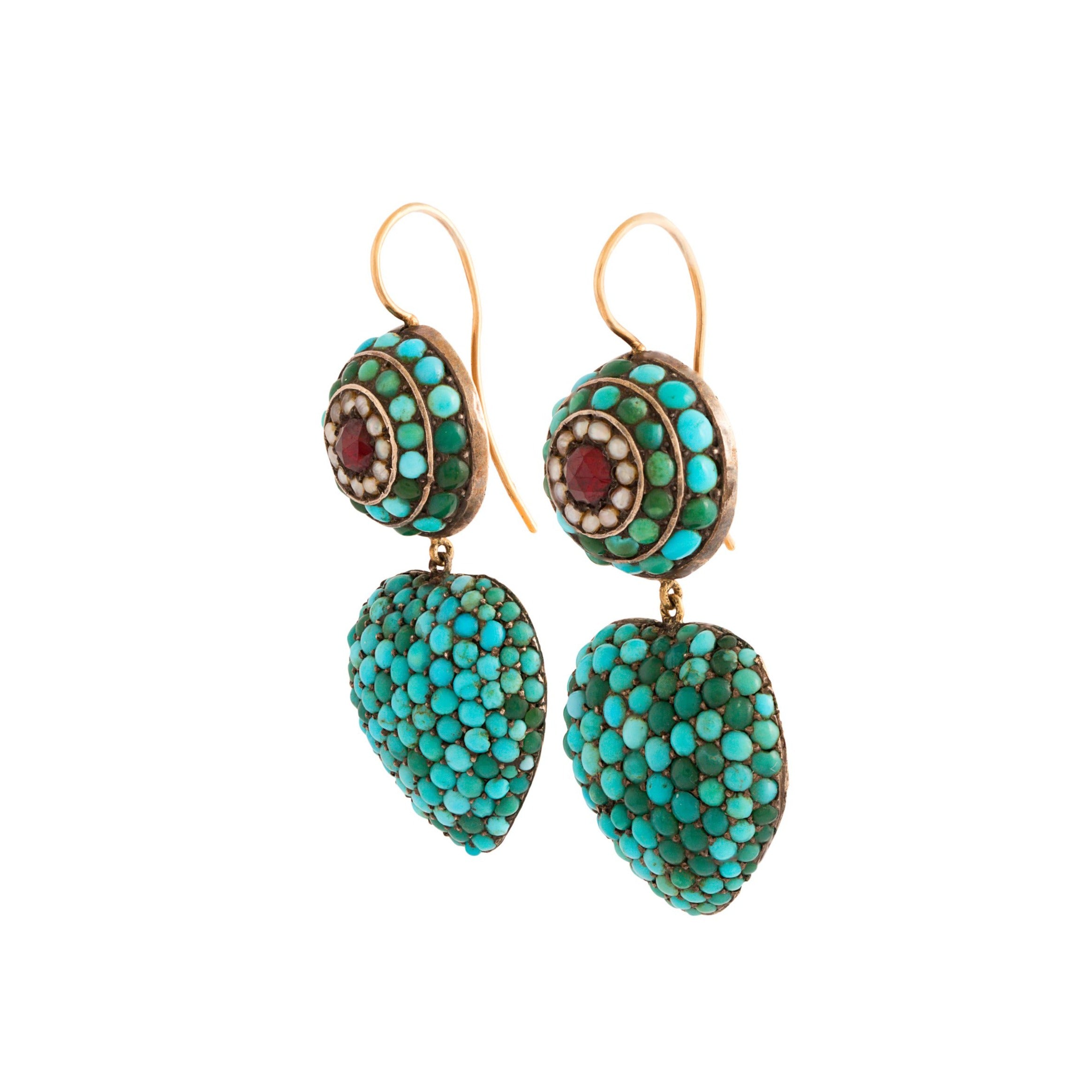 Victorian Pavé Turquoise, Garnet, and Pearl 14K Gold Earrings