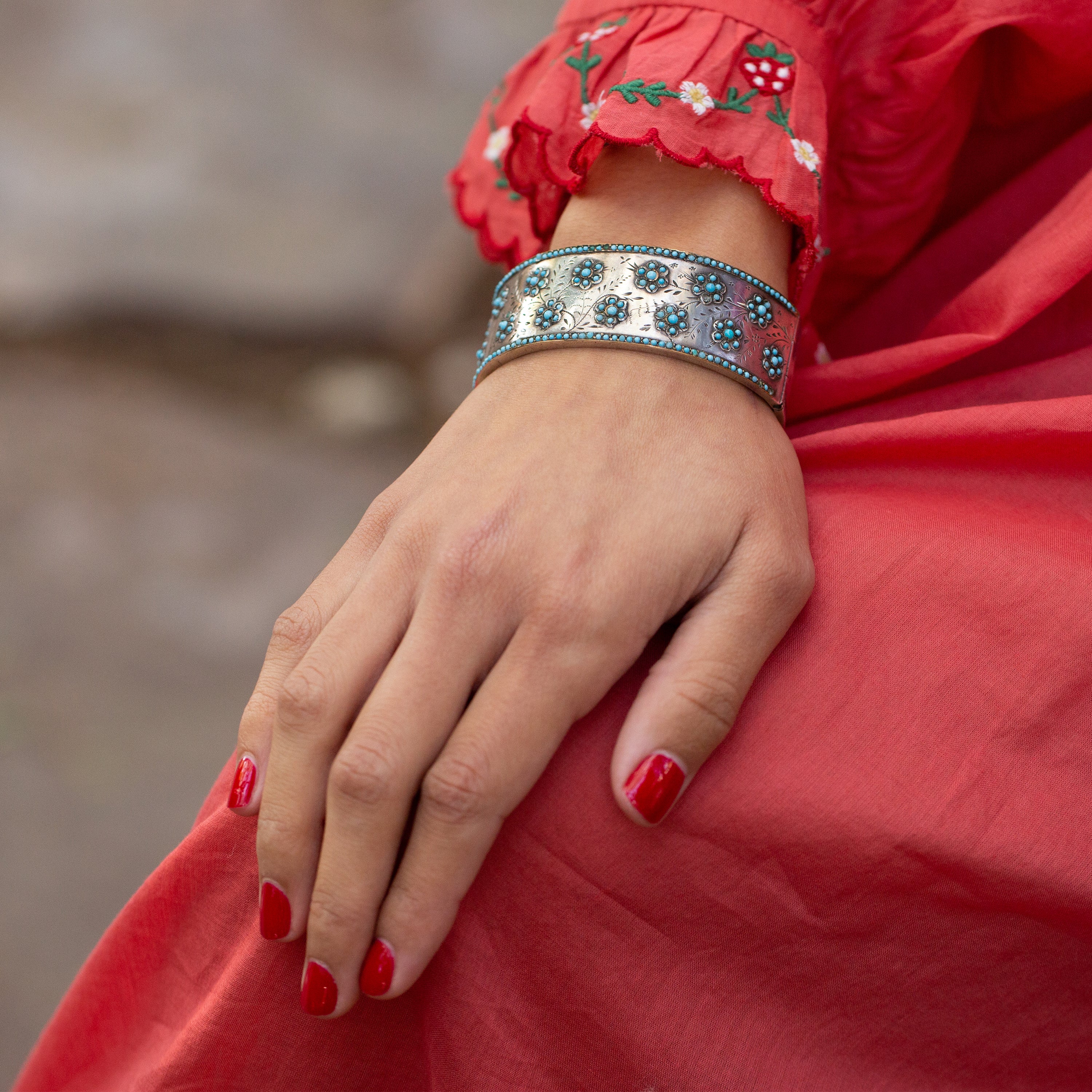 French Silver and Glass Bead Flower Bangle Bracelet