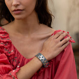 French Silver and Glass Bead Flower Bangle Bracelet